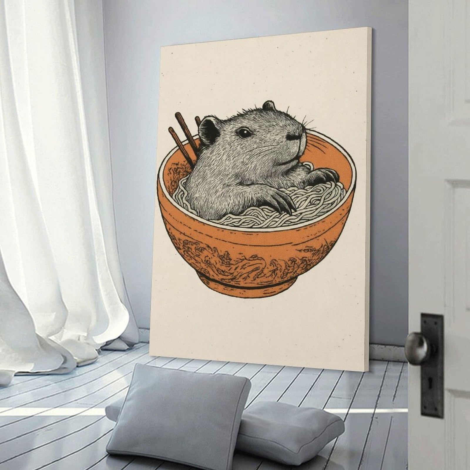 Junmoney Home Decor Wall Art Capybara in Ramen Bowl Illustration, 20x30inch(50x75cm), for Flats, Guest Rooms Or Compact Rooms, Wall Decor with Flexible Room Appeal