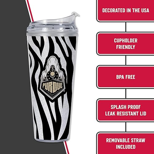 Miniatura 193 de Rico Industries NCAA - Vaso de acrílico con purpurina de 24 onzas con tapa con bisagras, vaso de doble pared con licencia oficial y popote Brillo