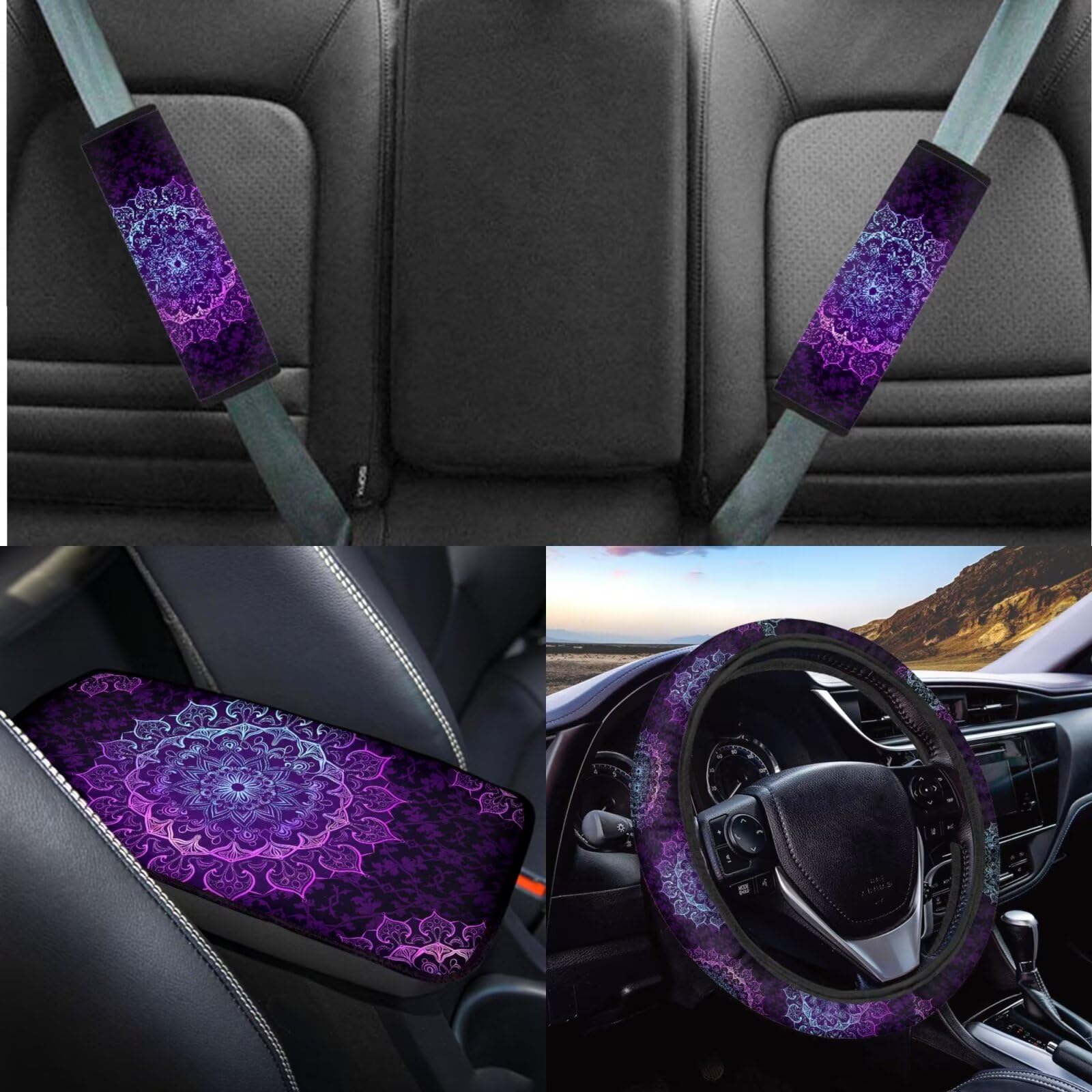 TOADDMOS Purple Boho Mandala Blossom Car Steering Wheel Cover Non-Slip Car Armrest Cover Breathable Seatbelt Cushion Pad for Women Lady SUV Sedan,Set of 3