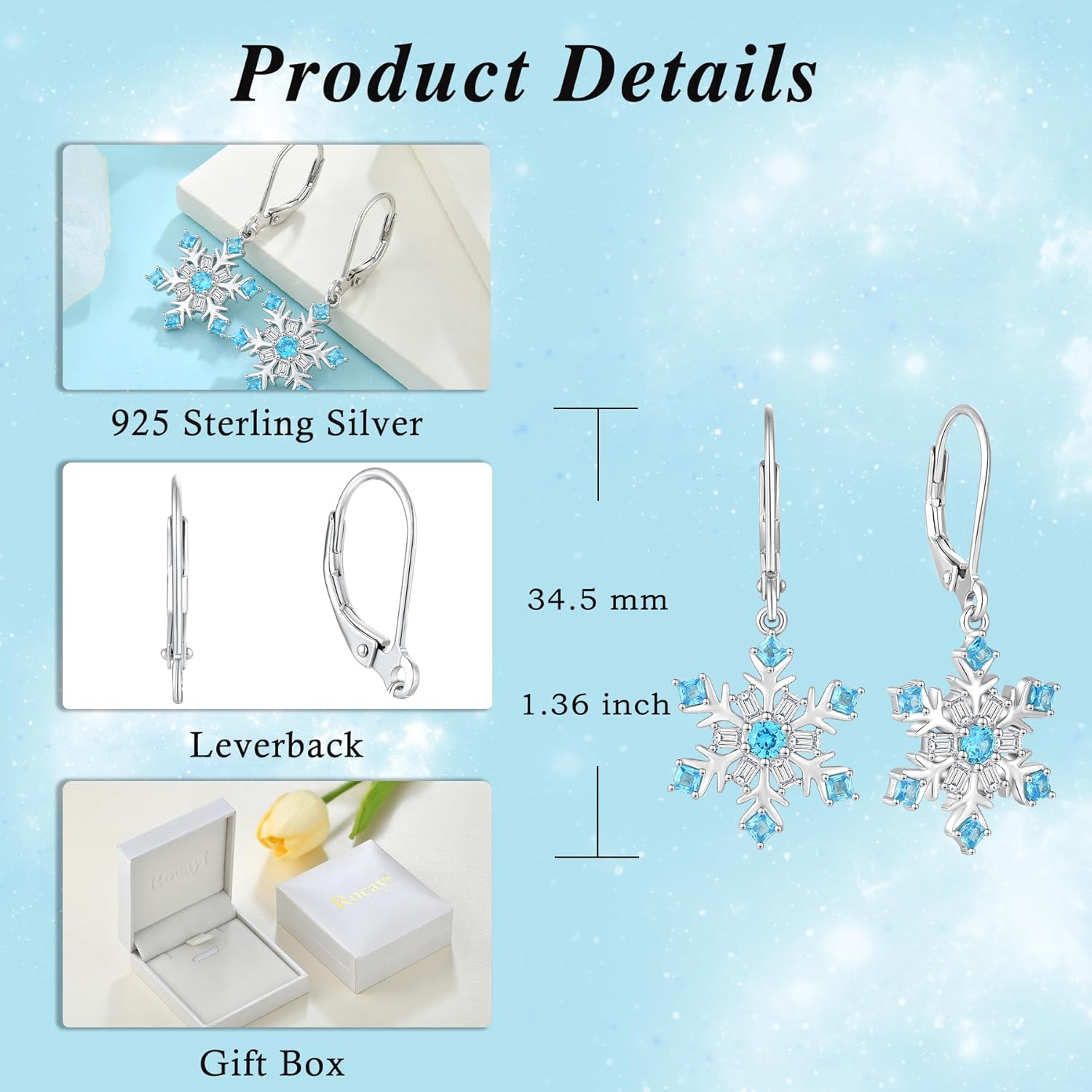 Snowflake Earrings 925 Sterling Silver Snowflake Leverback Dangle Drop Earrings Christmas Winter Frozen Flower Jewelry with CZ Blue Aquamarine - Image 6