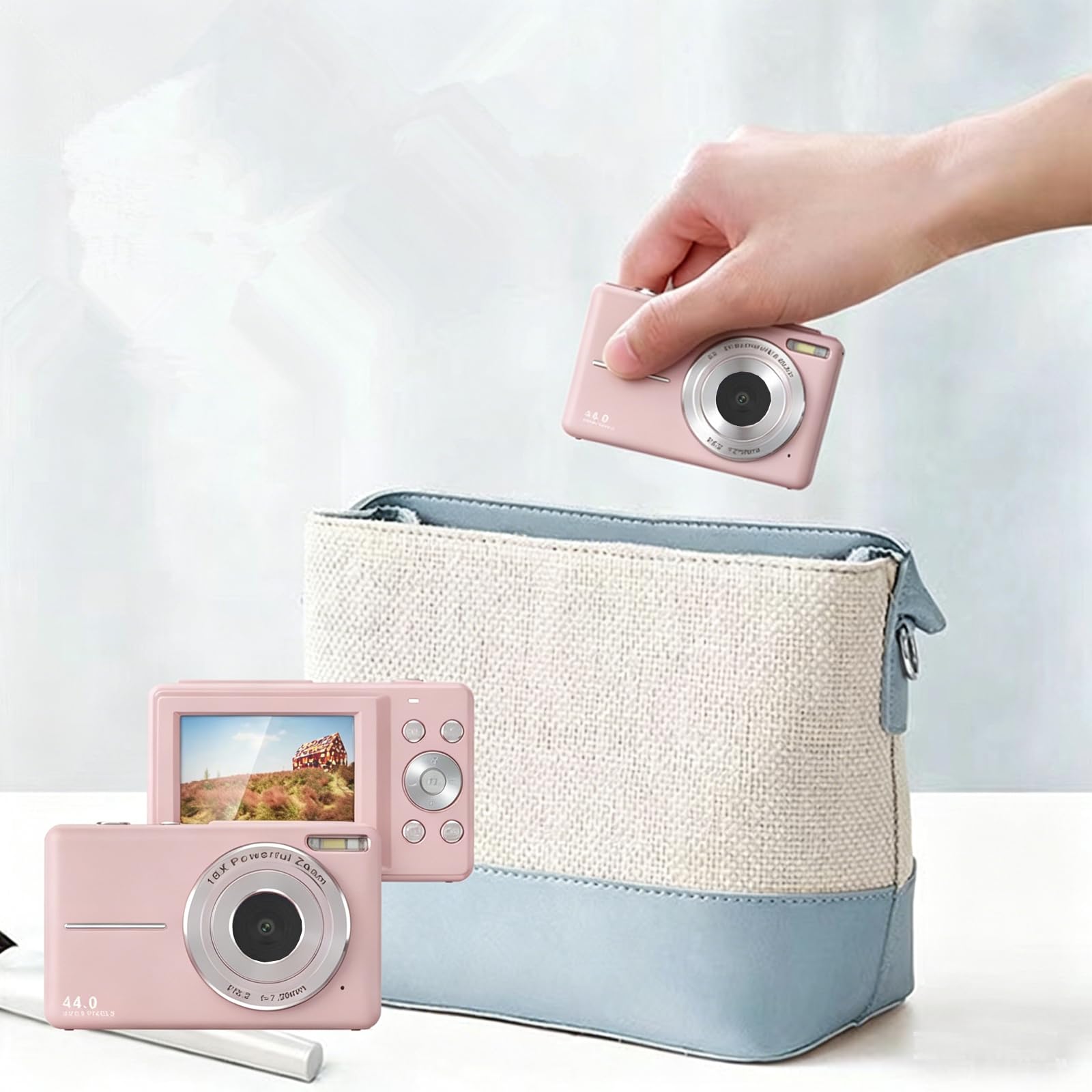 Andoer Fotocamera digitale con 2 batterie ricaricabili,memoria da 32 GB 1080P 44 M HD Zoom digitale 16X Anti-shake Messa a fuoco automatica Schermo IPS 2.5 Schermo LCD Sorriso per Bambini,rosa chiaro