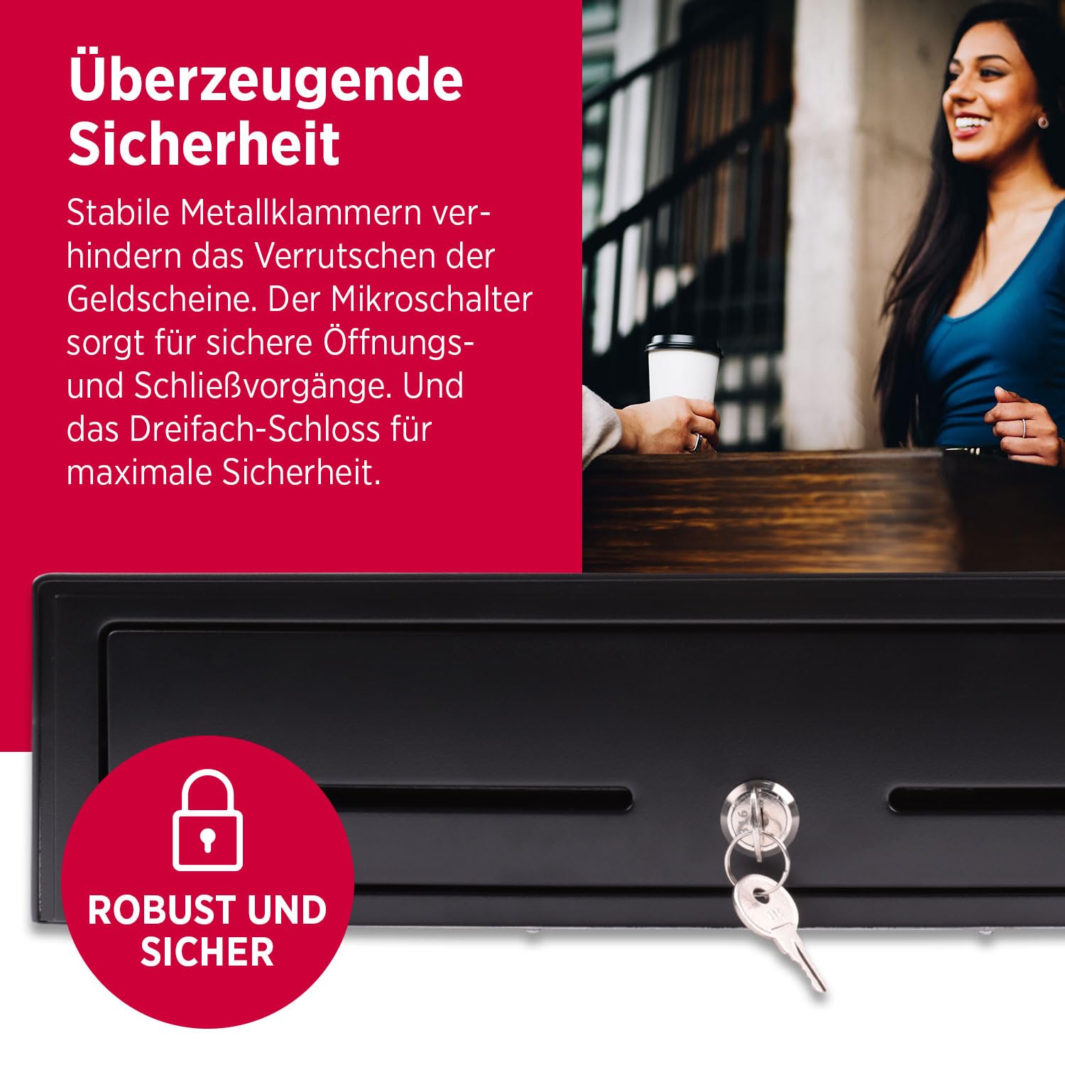 Olympia LD 410A Kassenschublade | Geldkassette abschließbar mit Einwurfschlitz | RJ12-kompatibel | 8 Münz- & 4 Scheinfächer + Halteklammern | Metallgeldbox für Handel & Gastronomie | 41,5x41x10,4 cm