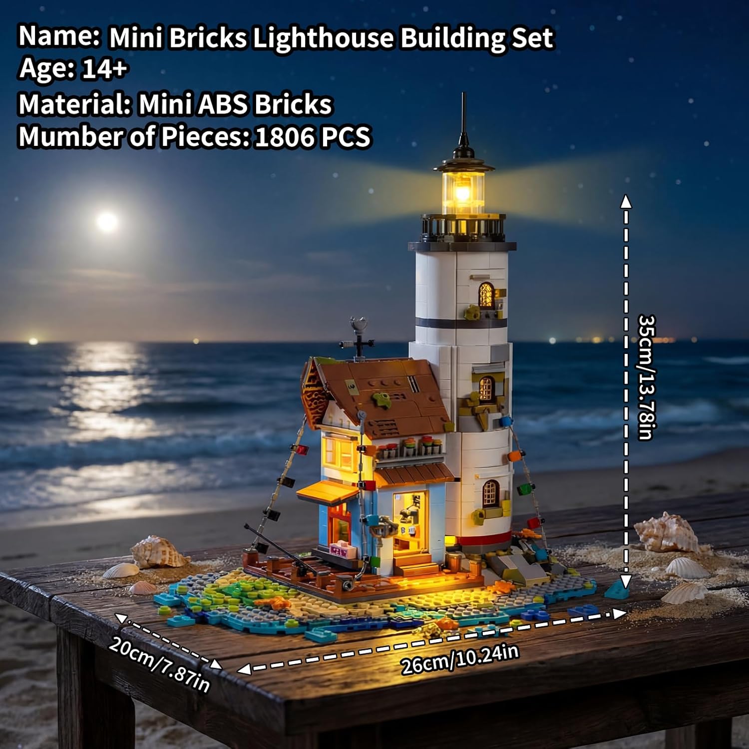 Micro Mini Bricks Lighthouse Modular Building Blocks Set for Adults, Beach House Architecture Model, Collectible Island Fishing Cabin Set with LED Lights & Gift Box (1806PCS)