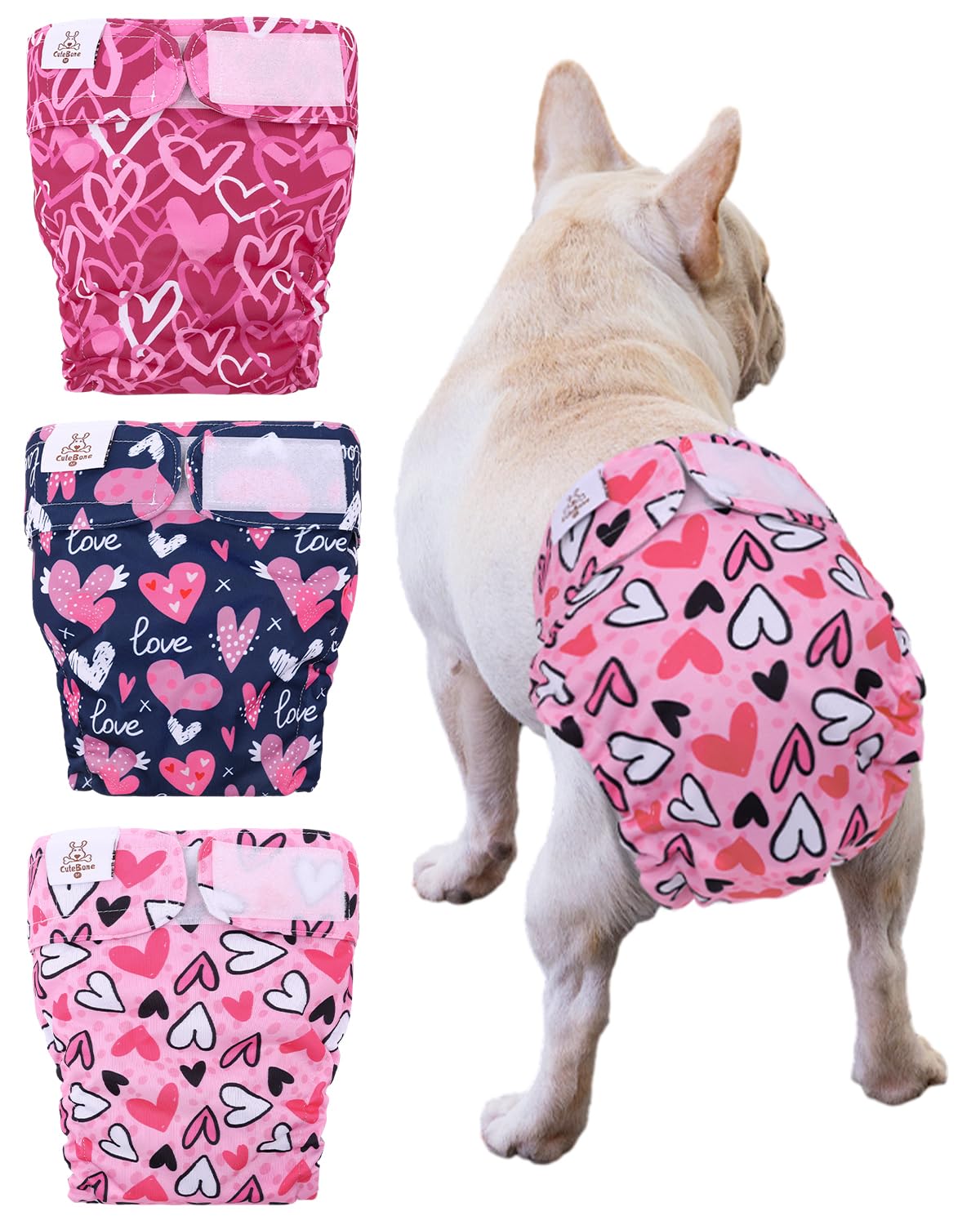 CuteBone Washable Dog Diapers Female No Tail Hole 3 Pack Reusable Doggie Period Training Pants Valentines for Docked-Tail Frenchie French Bulldog Boston Terrier Without Tail WWD20L