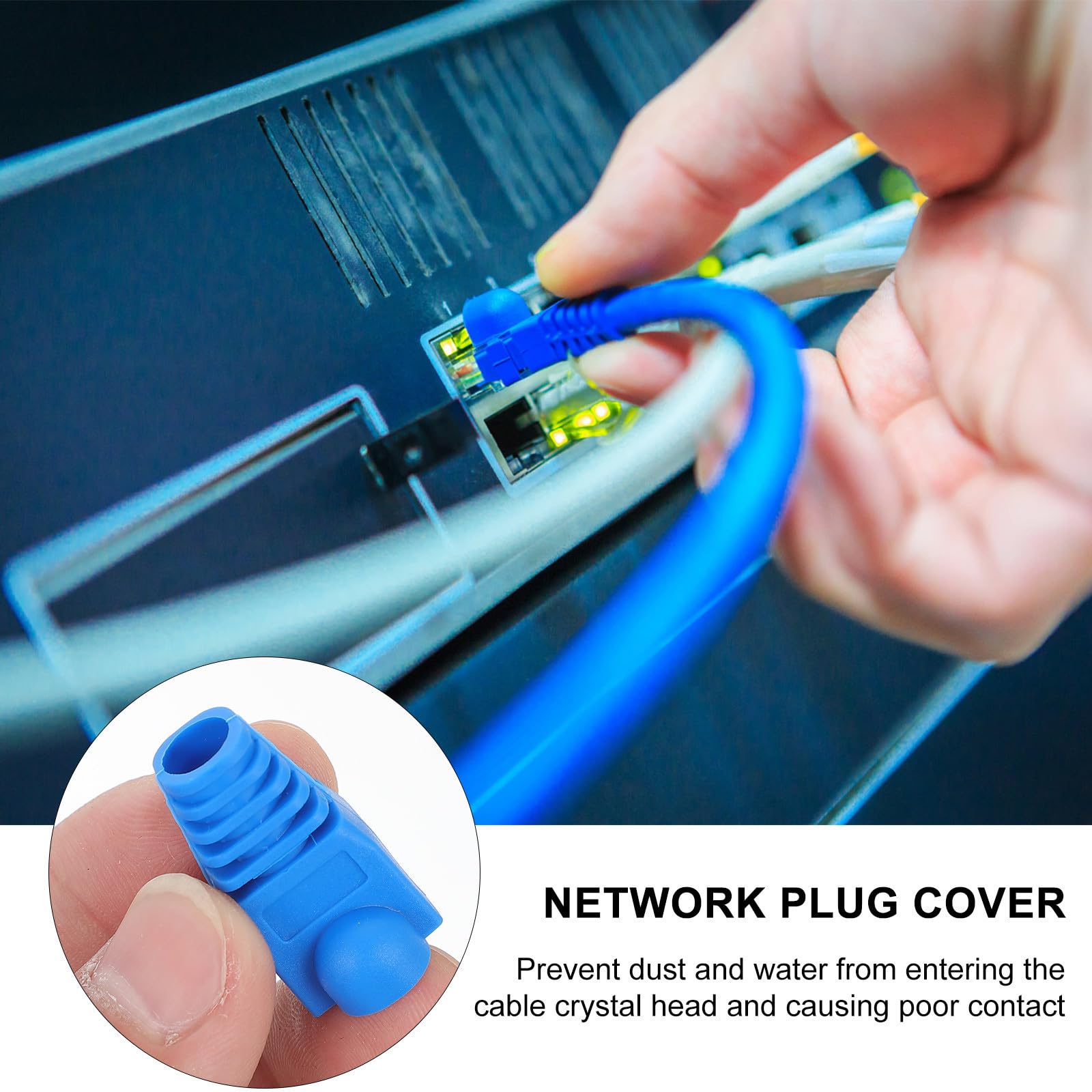 Kichvoe Cubierta de Protección para Conector Rj45 y Cable de Red, Plástico Azul, 100 Piezas, Evita la Entrada de Agua y Protege el Enchufe
