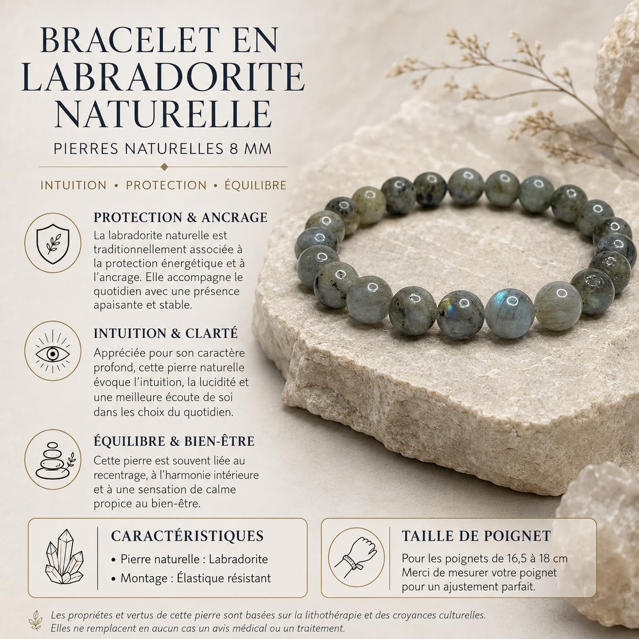 Felicidade Bracelet en Labradorite + Pochette Artisanale offerte – Pierre Naturelle 8MM – Protection & Bien-Être – Bijou Énergétique Unisexe en Lithothérapie pour Homme & Femme, Méditation & Cadeau