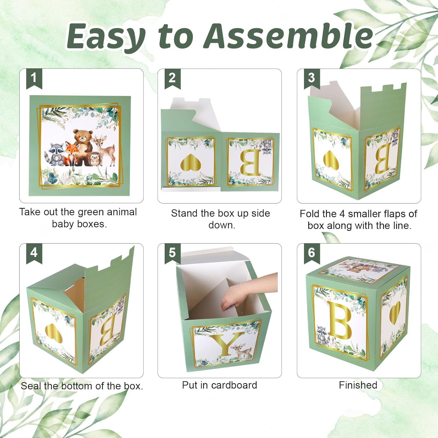 Sage Green Baby Boxes with Letters for Baby Shower, 4pcs Safari Jungle Print Baby Shower Decorations for Balloon Boxes Gender Reveal Baby Blocks BabyShower for Birthday Party Favors