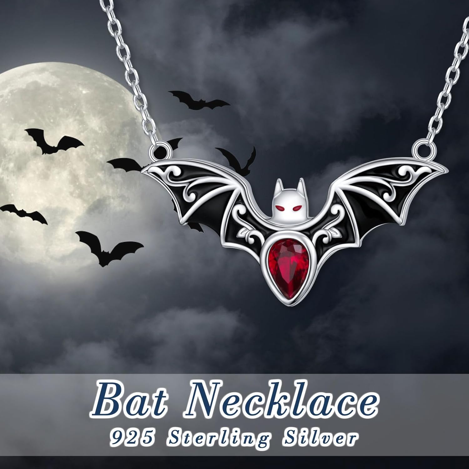 Ladytree Bat Necklace 925 Sterling Silver Red Cubic Zirconia Gothic Halloween Choker Pendant Jewelry Gift for Women - Image 6