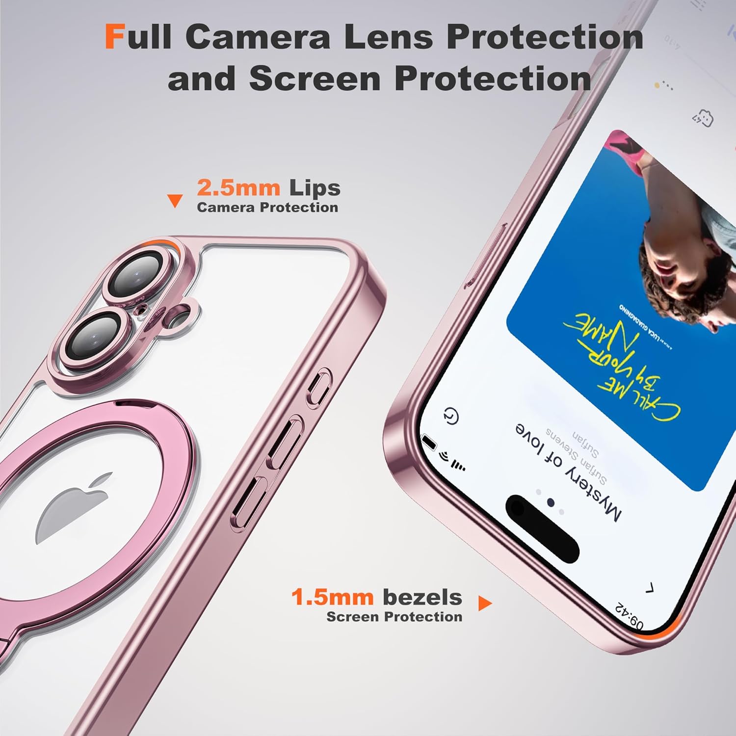 Compatible with iPhone 17 Case with 360° Spin Magnetic Ring Stand [Compatible with Mag-Safe] Full Camera Lens Protector Plating Clear Phone Case for iPhone 17 6.3", Pink