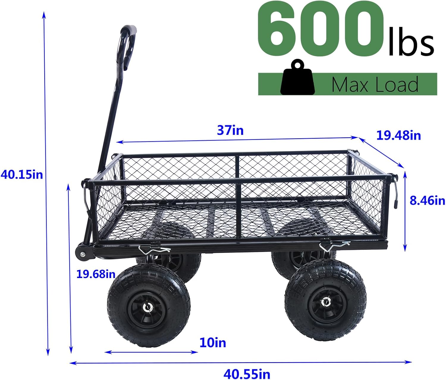 Garden Cart Heavy Duty 600 lbs Capacity Metal Mesh Wagon with Removable Sides Outdoor Utility Wagon with 10" Rubber Pneumatic Wheels,Adjustable Handle Angle for Lawn Yard Farm Ranch, Black