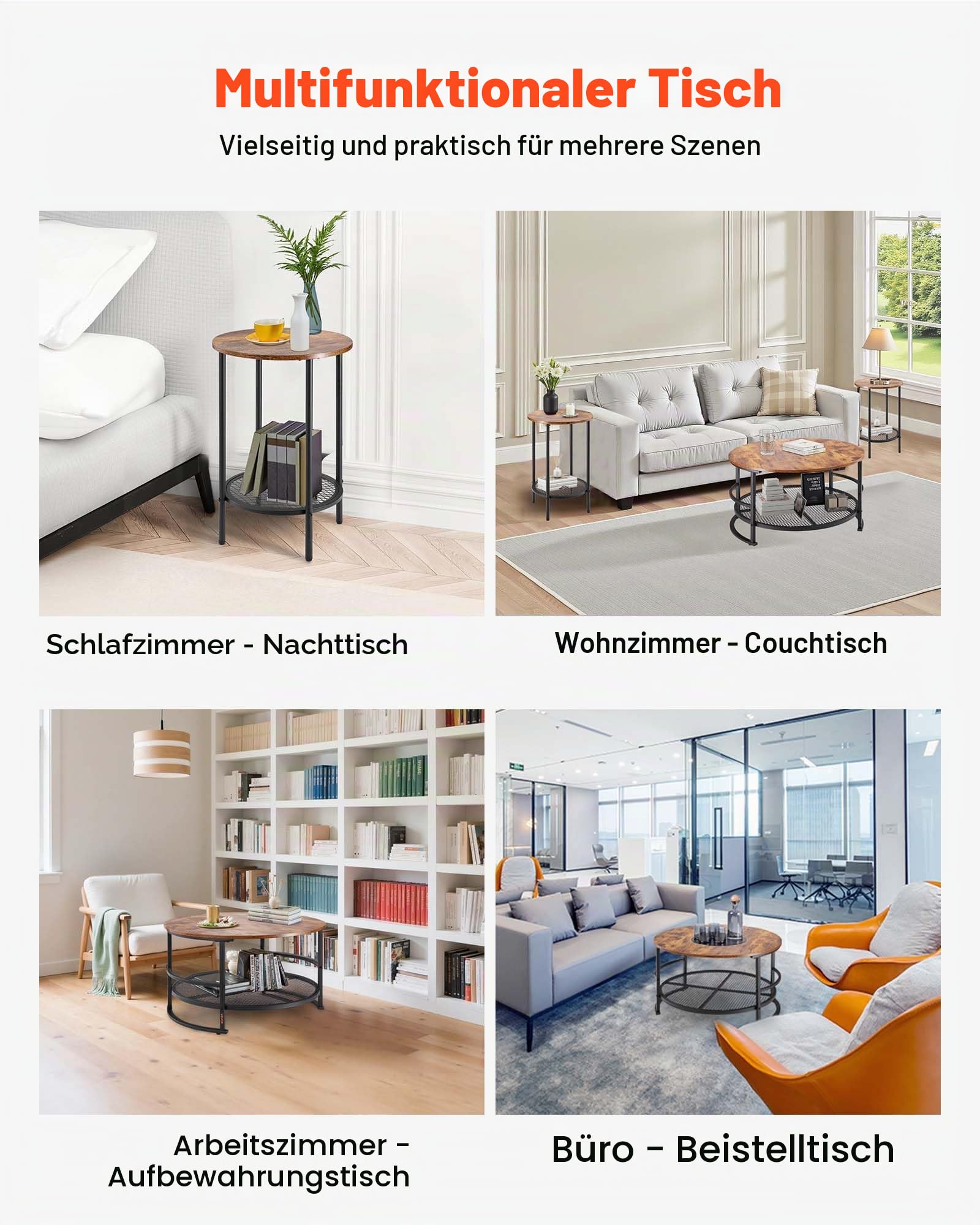 VEVOR 3-TLG. rundes Wohnzimmertisch-Set, (800 x 465 mm) Industrie-Couchtisch mit 2 runden Beistelltischen (40 x 60 cm), Sofatisch-Sets mit Metallbeinen, Satztische für Büro Wohnzimmer Wohnung