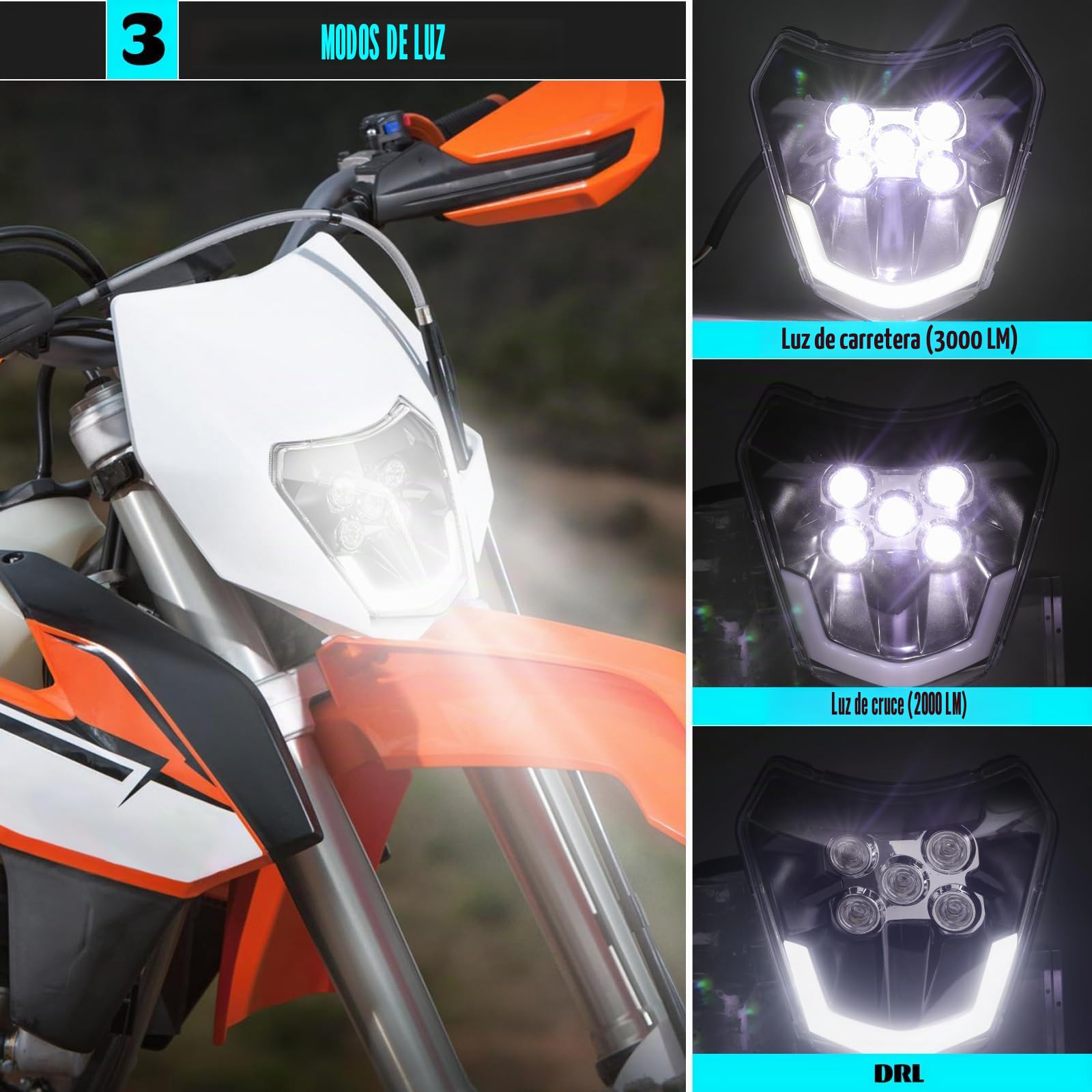 DREAMIZER Faro Delantero para Moto de Cross, Faro LED Universal DOT para Motocicleta para Motocross Enduro Supermoto EXC250 SX250 SXF250 EXC450 SX350 SXF450 EXC525 640LC4