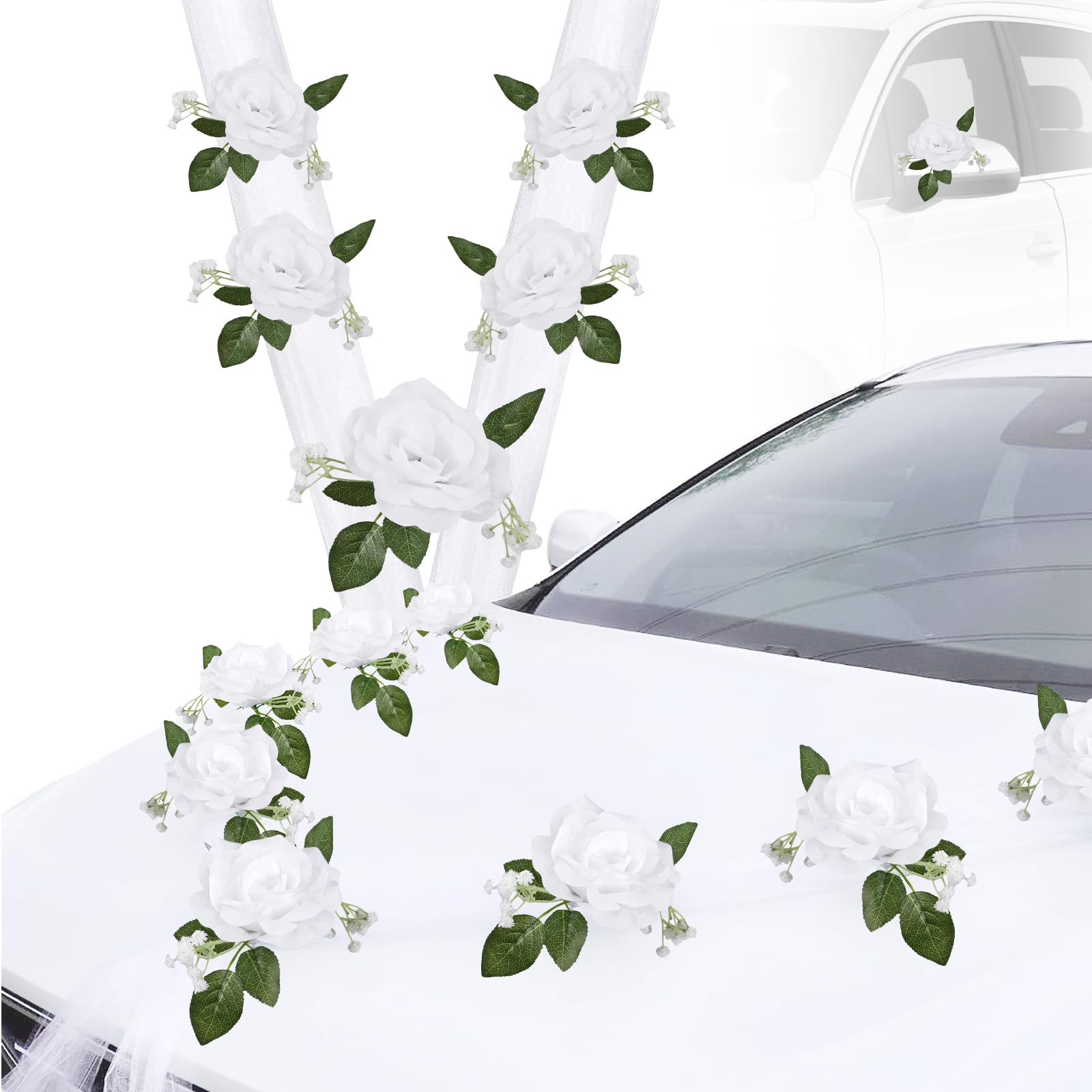 LEKEFETO Decoración de coche para bodas, capó de boda, coche con 9 flores de seda y 2 x 180 cm de tul, decoración para boda, fiesta, boda, recepción, ceremonia