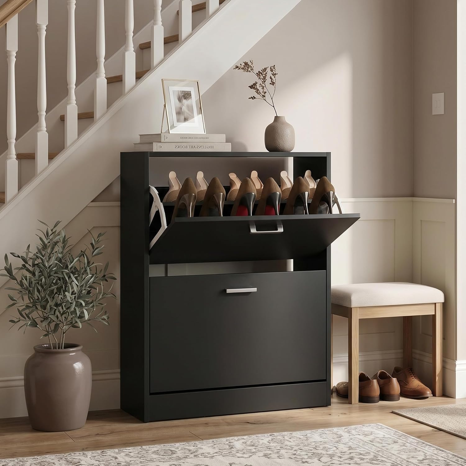 Blisswood 2 Drawer Shoe Cabinet, Wooden Shoe Storage Organiser Cupboard Unit Hallway Furniture, freestanding Entryway 2 tier Modern Shoes Rack Cabinet Footwear Stand for Shoes (Black)