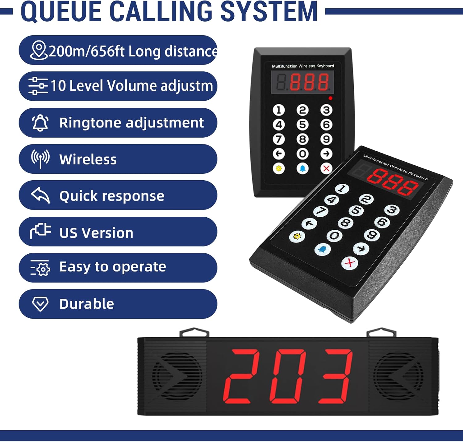Wireless Queue Calling System with Voice Broadcast Three-Digit Screen, Remote Control Keyboard Waiting Number System for Restaurant,Cafe,Hospital,Bank,Home,Bar(Plug in to Use)