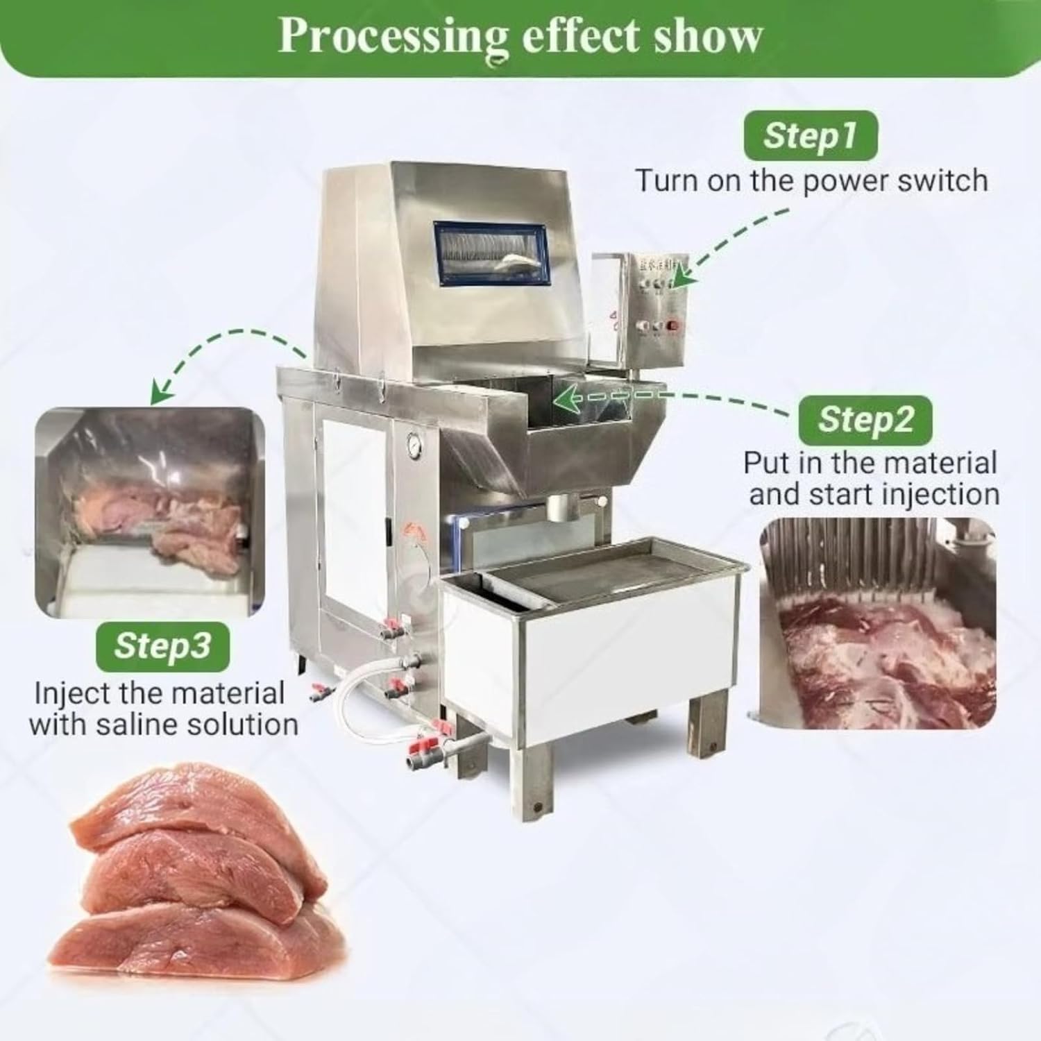 Fully automatic saline injector with 48 needles, made of food-grade stainless steel, easy to operate, suitable for delicatessens, restaurants, and small butcher shops.