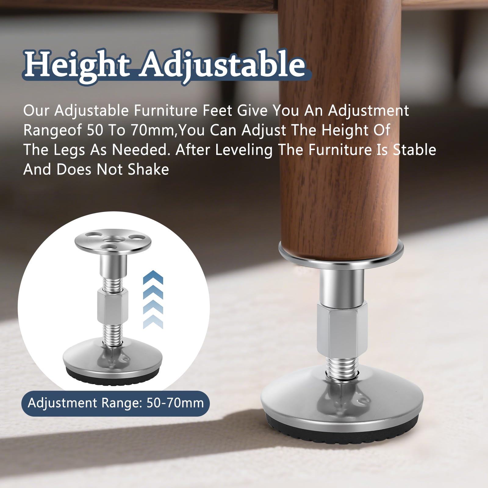 Kigift 4 Pcs Adjustable Levelling Feet, 50-70MM Silvery Metal Furniture Levellers with Mounting Accessories - Image 3