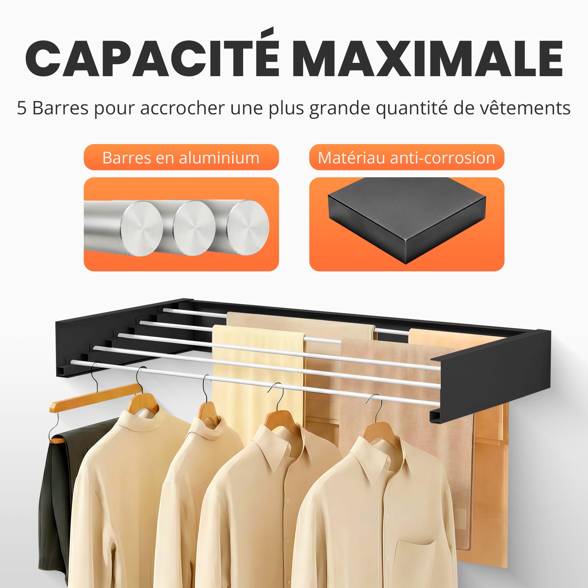 JUPPLIES Étendoir à Linge Mural Rétractable 100 cm – Séchoir Pliable Mural pour Intérieur ou Extérieur – Étendoir Compact en Aluminium 30 kg de Capacité (Noir)