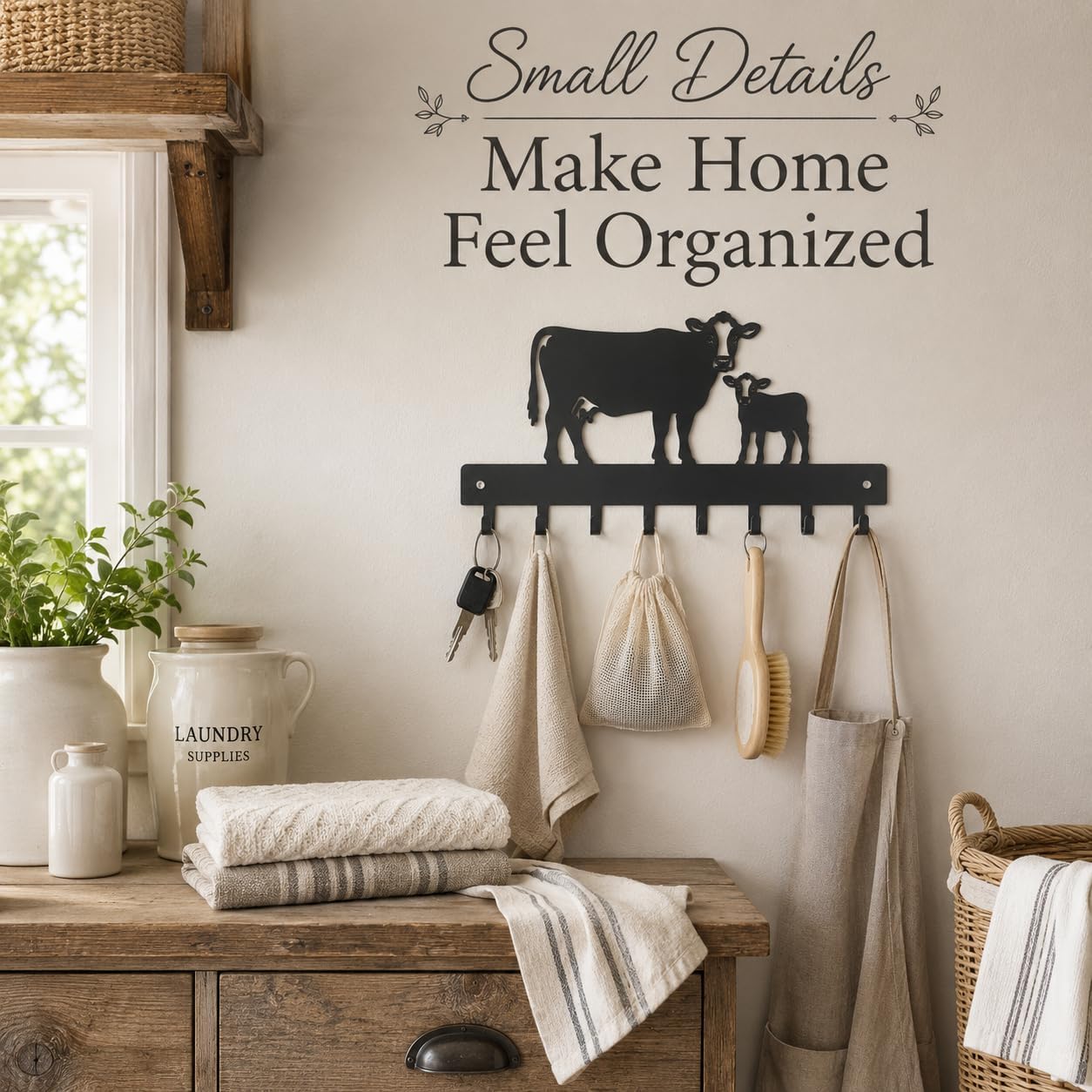Farmhouse Cow Key Holder for Wall, Key Rack with 8 Hooks, Black