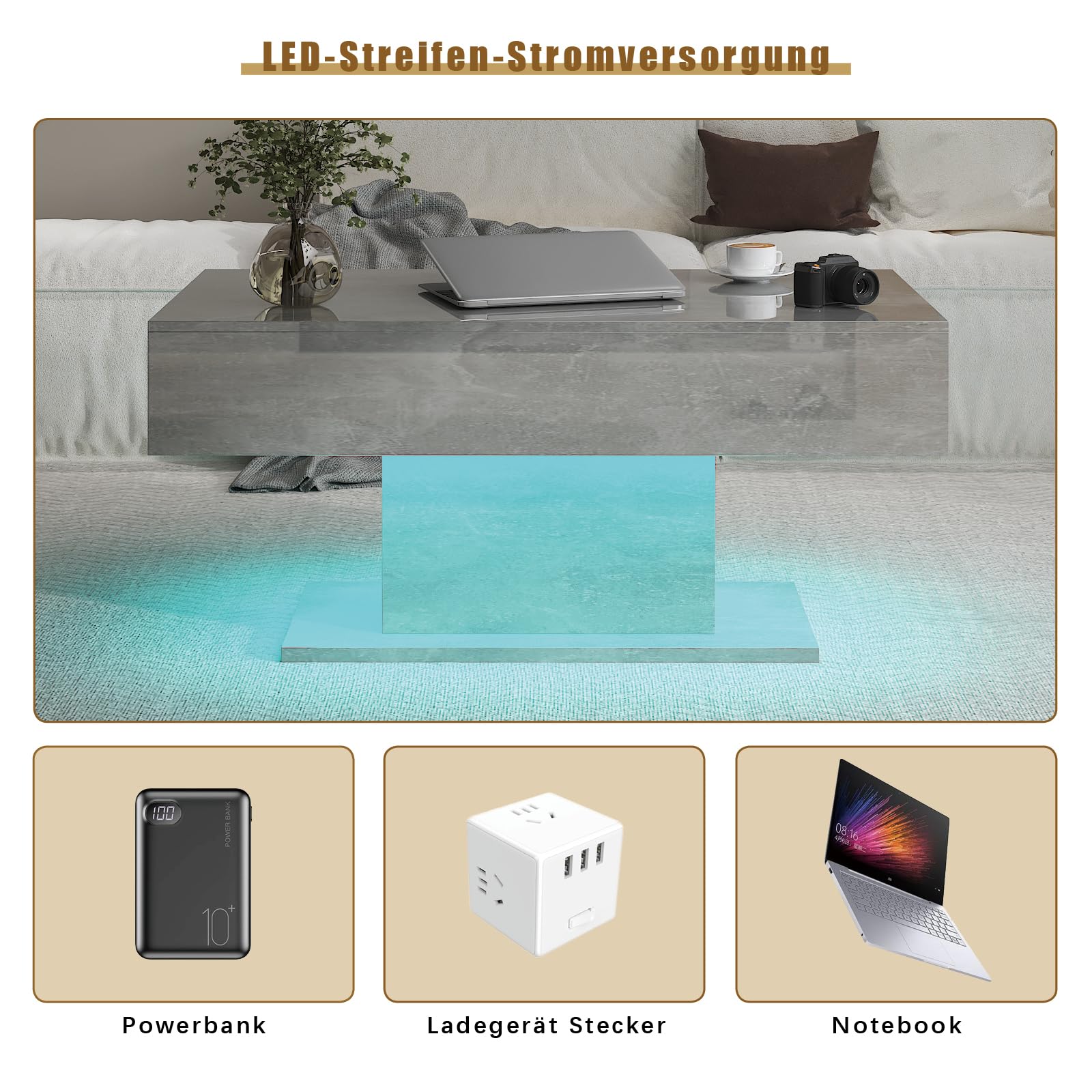 KEEPREAPER Couchtisch, Wohnzimmertisch mit LED Beleuchtung und 2 Schubladen für Wohnzimmer Hochglanz 110x55x50cm (Grau)