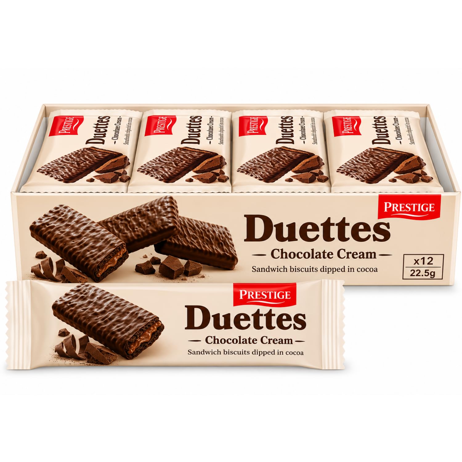 prestige - duettes chocolate cream cocoa sandwich biscuits (12 x 22.5g) box by cougar | cocoa coated sandwich biscuits with chocolate cream filling | premium imported snack – (imported-uae)