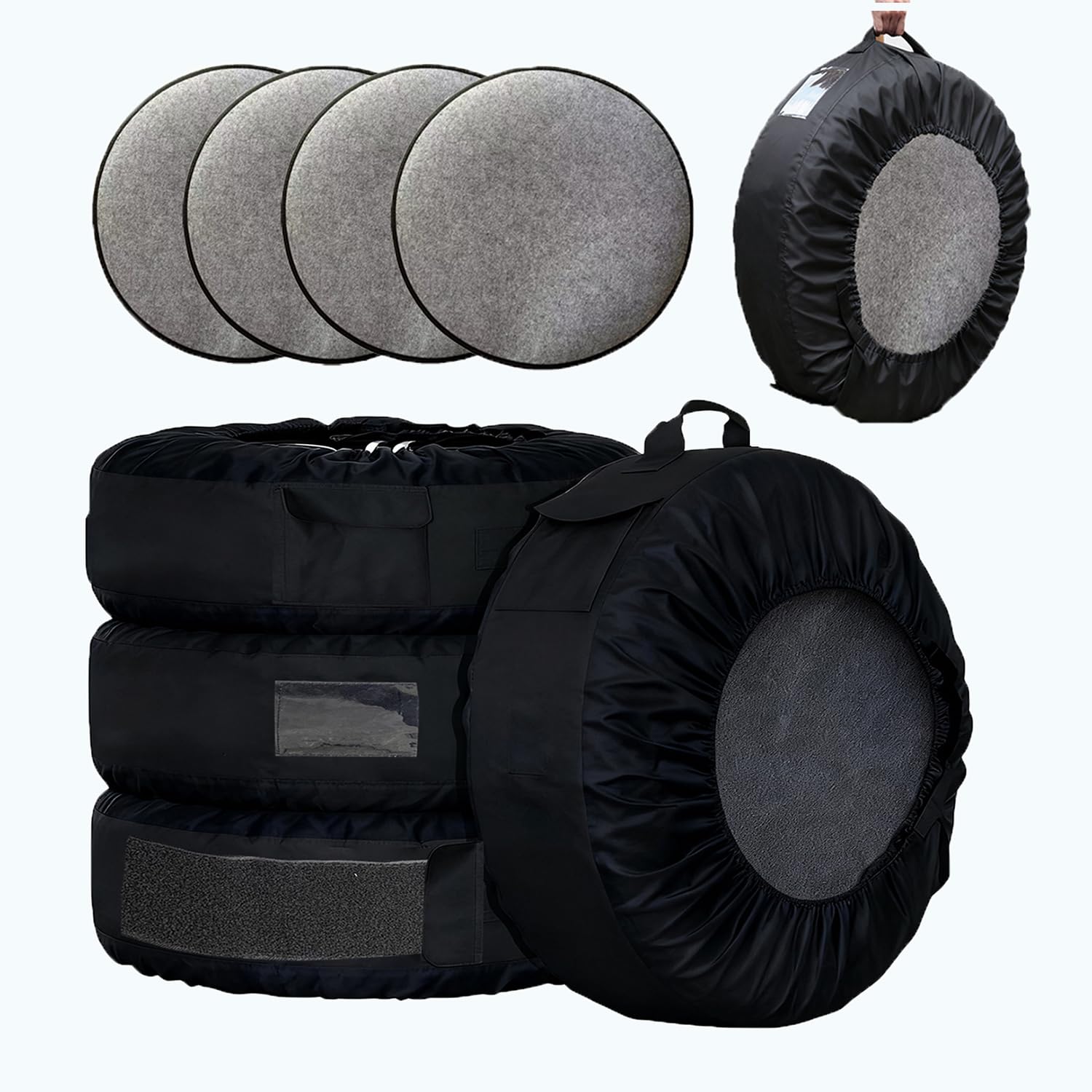 Housse de Pneu Set 15-20 Pouces, HoHousse de Protection avec 4 Coussins en FeutreLot de 4 résistantes aux déchirures, Etanches, Anti-poussière, Protéger et Transporter, Noir
