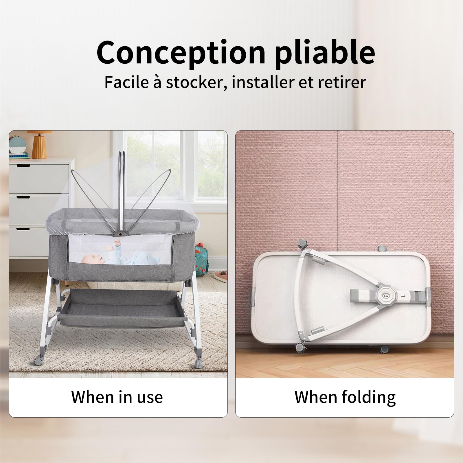 OHMG 4 in 1 Culla Neonato Fianco Letto,Culla da affiancare,Culla da Campeggio con Materasso e Cinghia Fissaggio,Regolabile In Altezza 6 Posizioni,per Bambini 0-6 Mesi (Grigio (80x40x100-115cm))