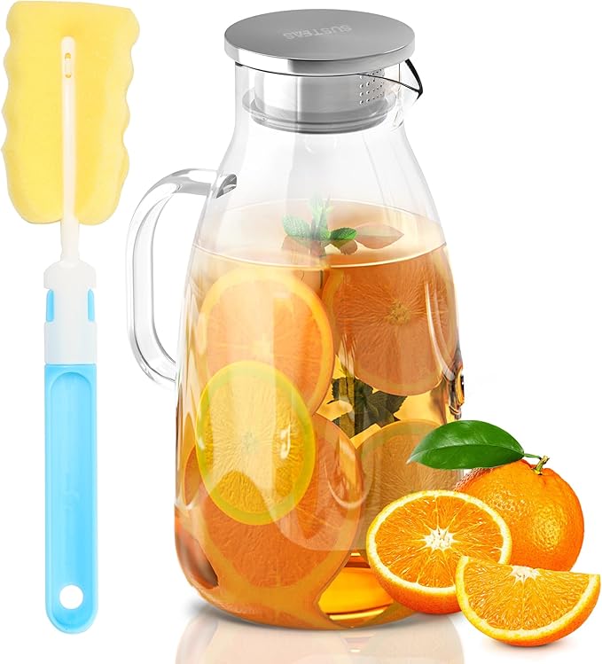 SUSTEAS 2.0 Liter 68oz Glass Pitcher with Lid and Handle,Water Pitcher for Fridge，Borosilicate Class Carafe for Hot/Cold Water - Cold Brew, Juice，Coffee,Iced Tea & Sun Tea,With Cleaning Brush Included
