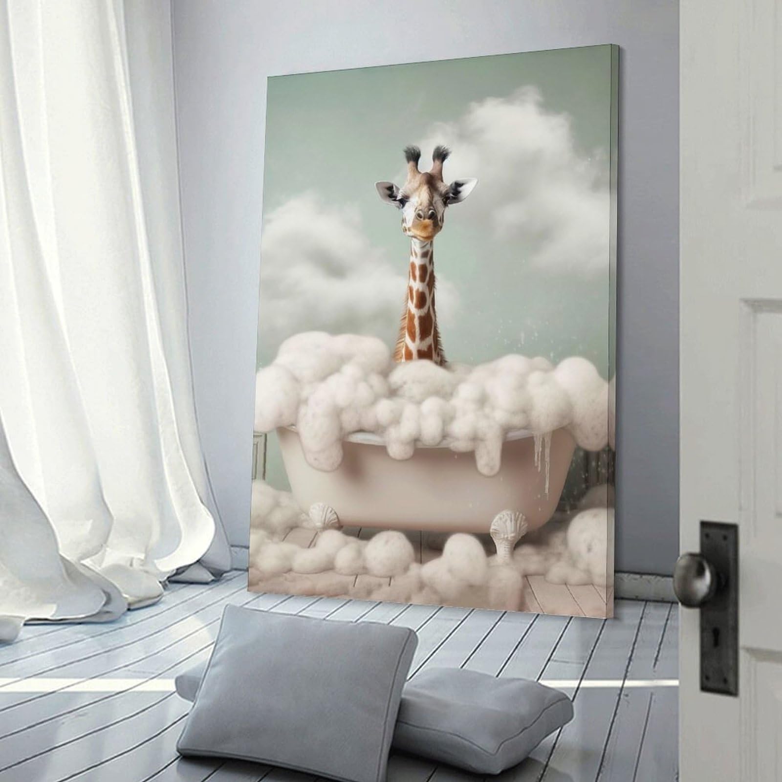 Junmoney Giraffe Taking A Bath Canvas Wall Picture, 24x36inch(60x90cm), for Front Hall, Corridor Or Welcome Spaces, Wall Decor to Refresh Empty Corners