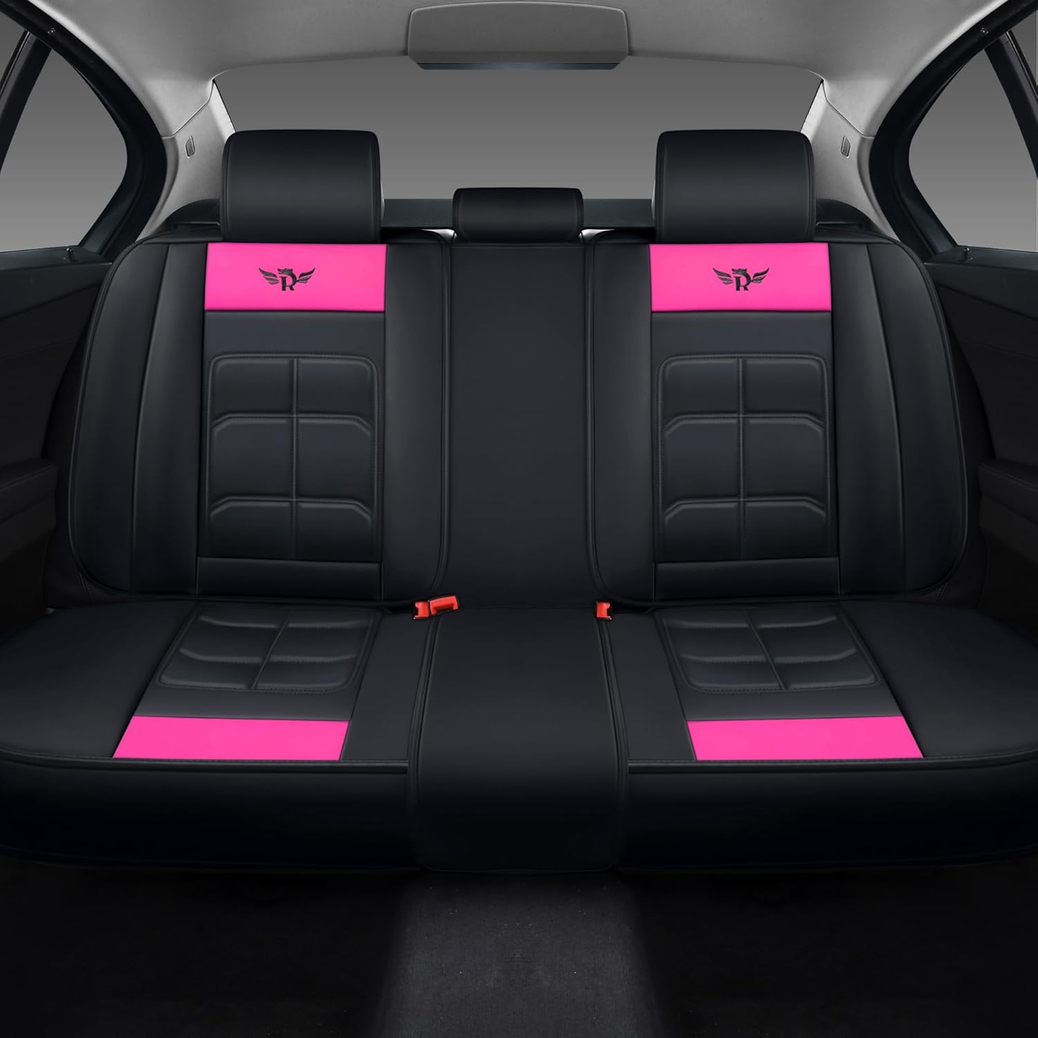 Universal Fit Car Seat Covers Full Set, Leather Automotive Seat Protectors for 5 Seats, Airbag Compatible, Premium Quality Seat Cover Accessories (Black-Rose)