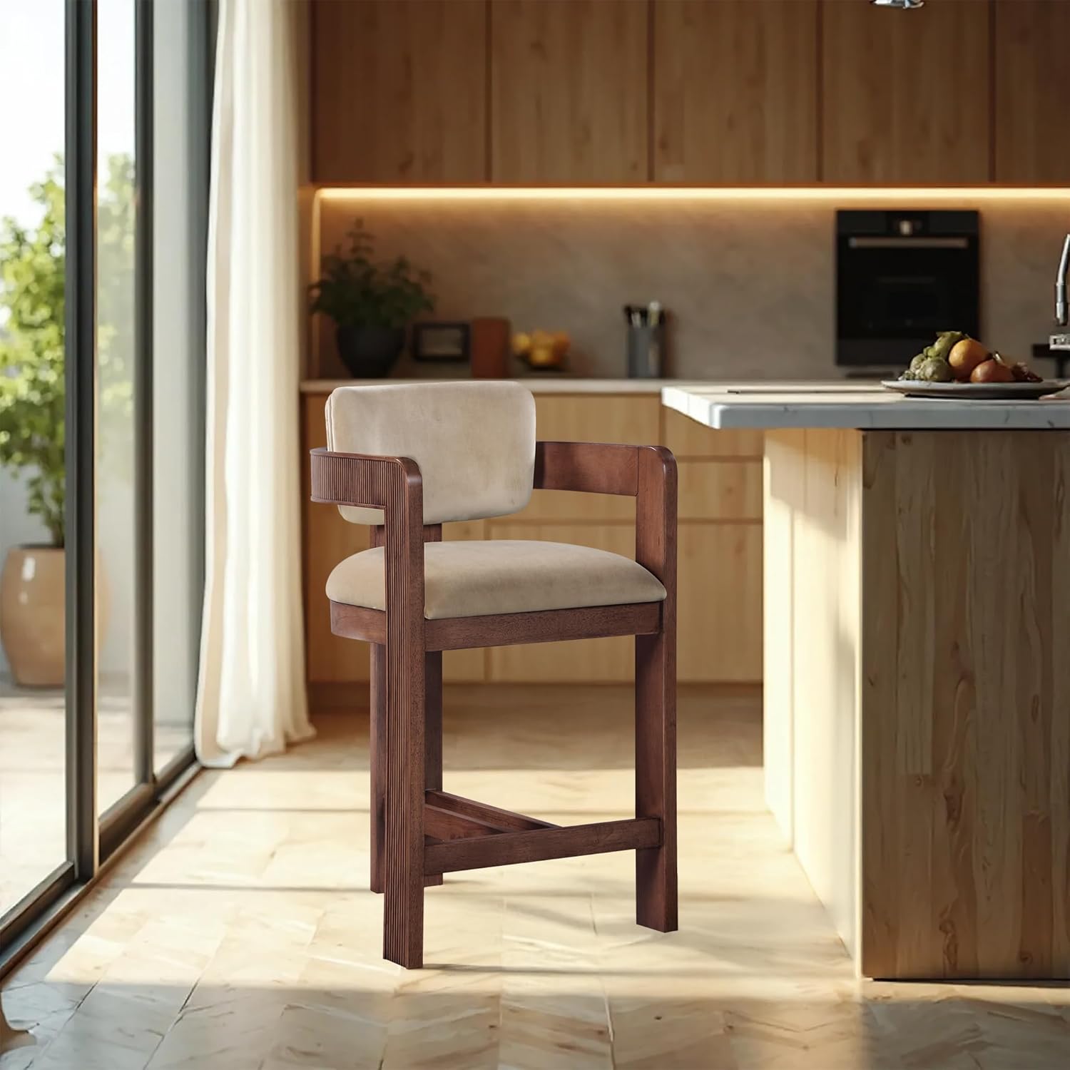 Meridian Furniture 11079Beige-C Sacha Collection Art Deco Stool with Ultra Luxe Beige Velvet, 460 GSM Velvet, Solid Wood Brown Walnut Finish, Fluted Wood, 20.5" W x 21" D x 37.5" H, Beige