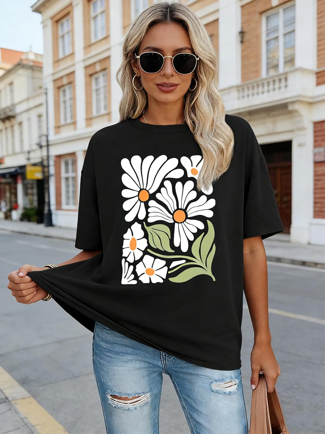 HEYTALALA Women's Oversized Tshirts Wildflower Graphic Tees Crew Neck Summer Short Sleeve Casual Loose Basic Tunic Tops - Image 4