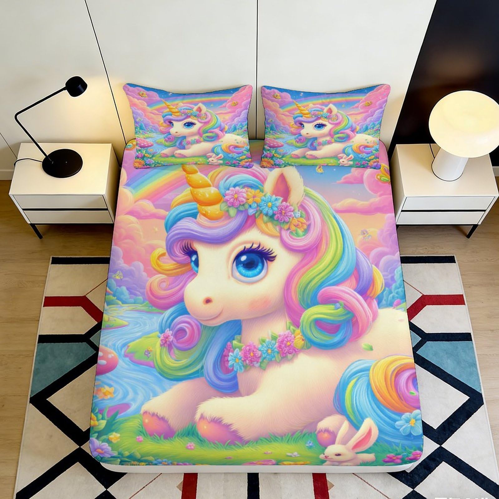 3D Printed Pastel Unicorn Fantasy Fitted Sheet Microfiber Soft Rainbow Dream Mattress Cover for Bedroom Dorm Decor 110 160x200x25cm