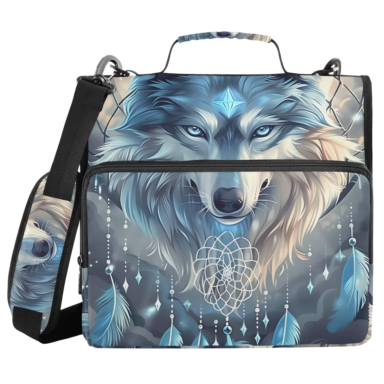 3 Ring Zipper Binder with Shoulder Strap Wolf Dream Catcher Wolves 1.5 inch Binders Keeper Large Capacity Multi Pockets for School Office Supplies