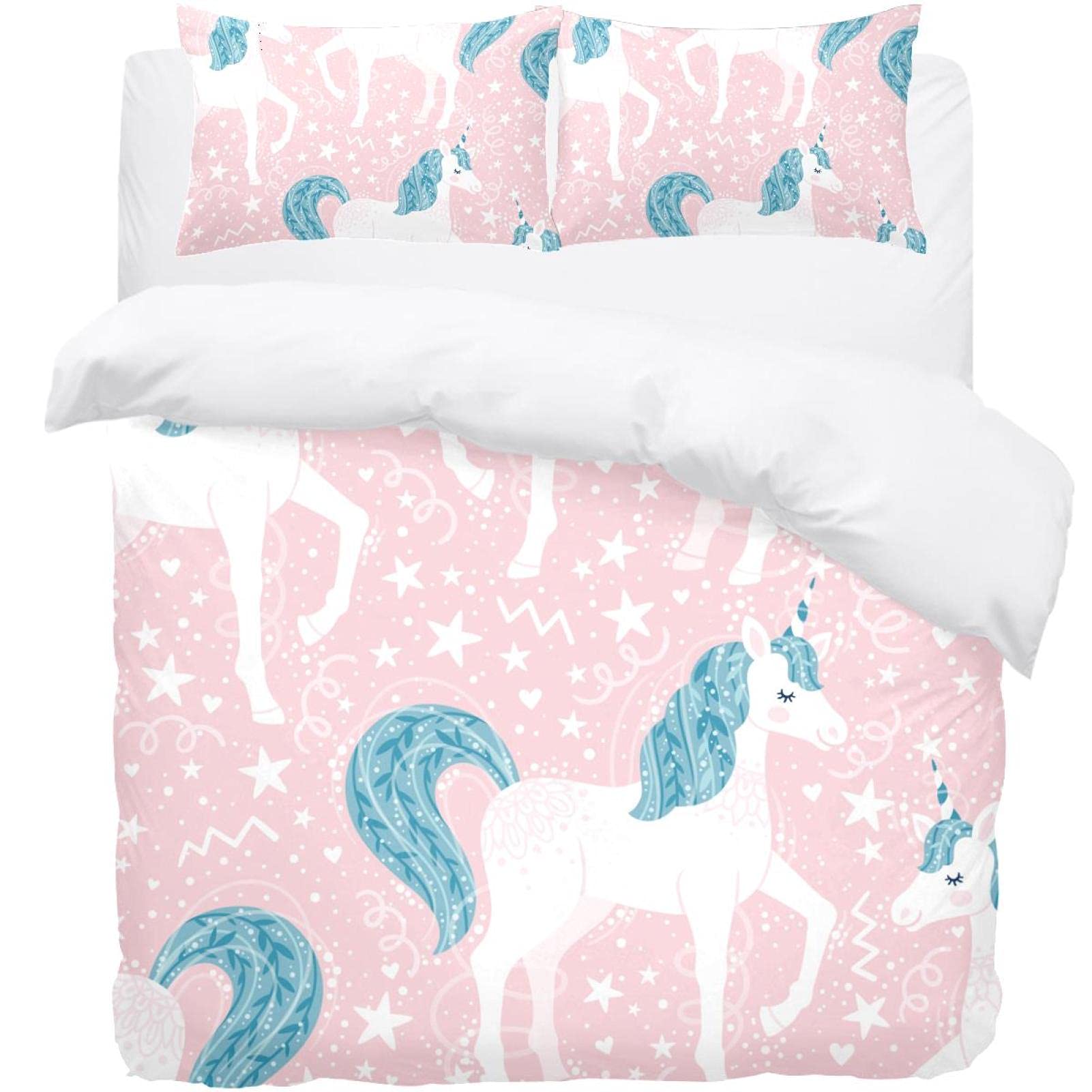 Parure de couette licorne ultra douce rose 3 pièces lit simple étoiles blanches