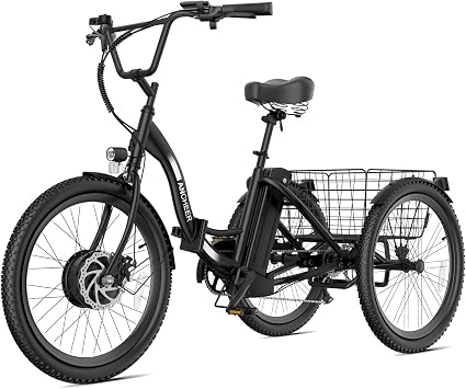 ANCHEER Electric Tricycle for Adults, 350WPeak 550W Etrike, 48V/499Wh Ebike, 24" Folding 3 Wheel Electric Trike, 15.5MPH & 55Miles Electric Bike, Rear Differential, Rear Basket