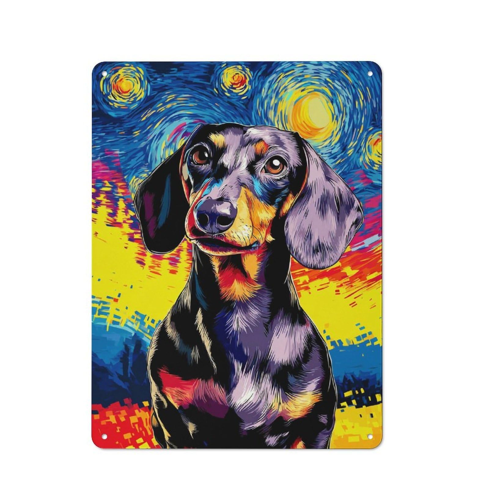 Junmoney Starry Night Dachshund Art Print Rustic Tin Sign 40X30cm For Living Room Or Hallway, Suited To Living Room Decor Lovers