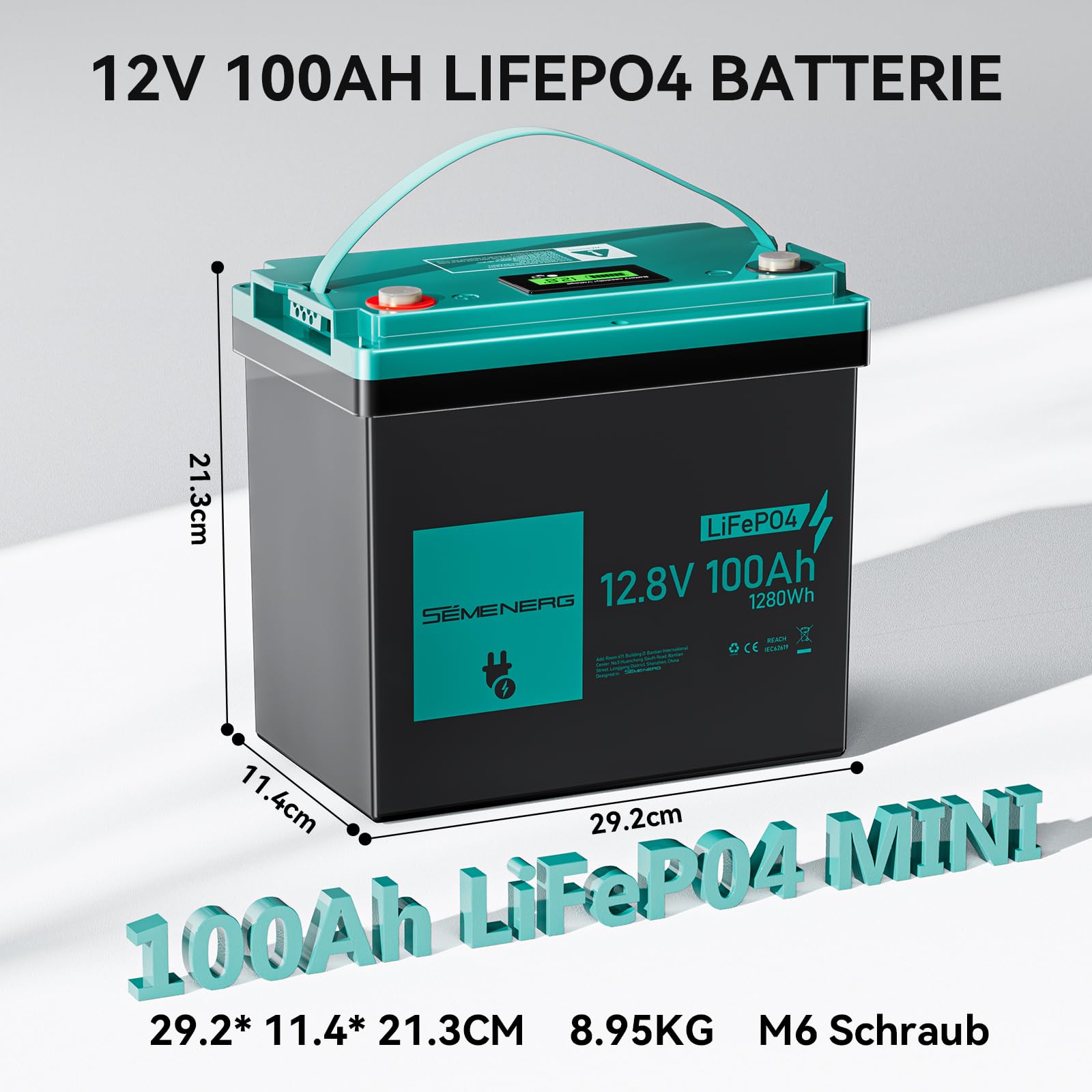 12V 100Ah LiFePO4 MINI Lithium Batterie mit LED, 100A Intelligente BMS & Max.15000 Zyklen, 12 Volt Deep Cycle Akku 1280Wh Wiederaufladbare für Wohnmobil, Solar Home Systeme, Camping, Boote