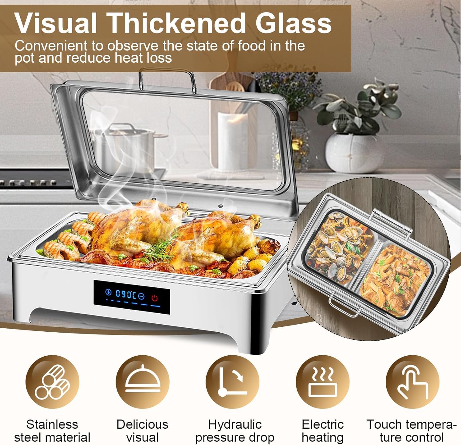 Calentador de Comida Buffet Eléctrico, 9L Acero Inoxidable (GN1/1) | Calienta Platos con Tapa de Vidrio y Control Táctil, Profesional Bandeja Calefactora para Fiestas, Hotel y Catering, 35-90°C