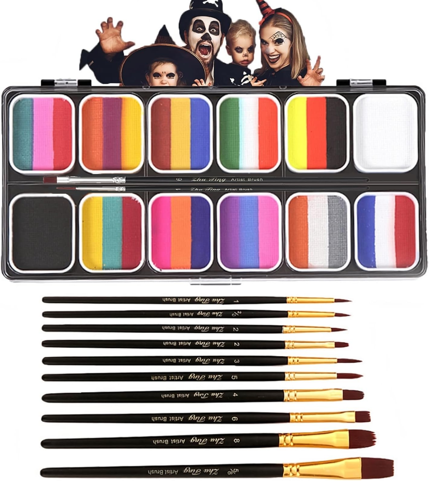 Face Body Painting Kit for Kids Adults, 12 x 10gm Face Paint Set One Stroke Split Cakes Palette Non-Toxic Rainbow Body Paint for Halloween Christmas Cosplay with 12 Brushes