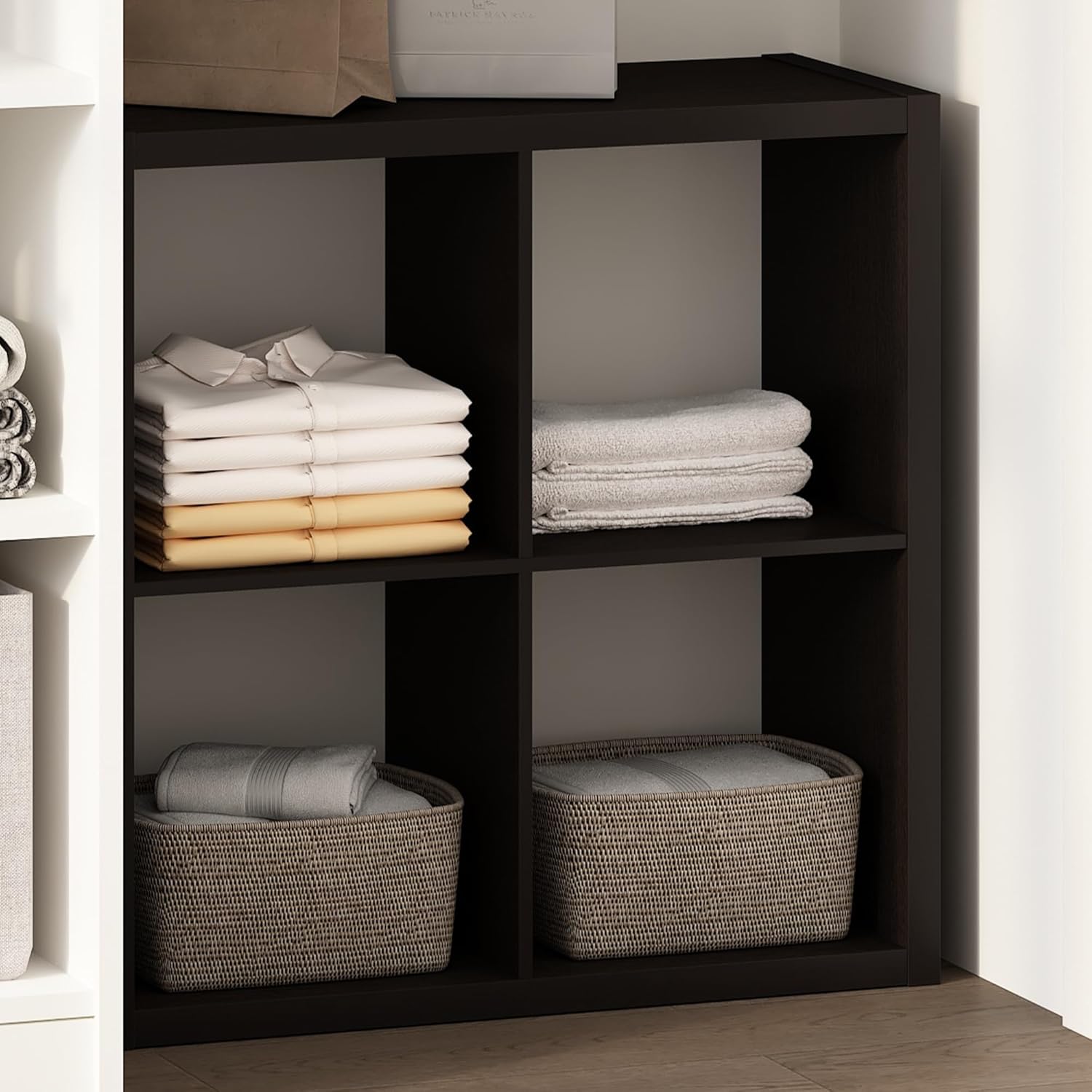 furinno cubic open back multipurpose clothing & closet storage organizer shelf, 4-cube, dark oak