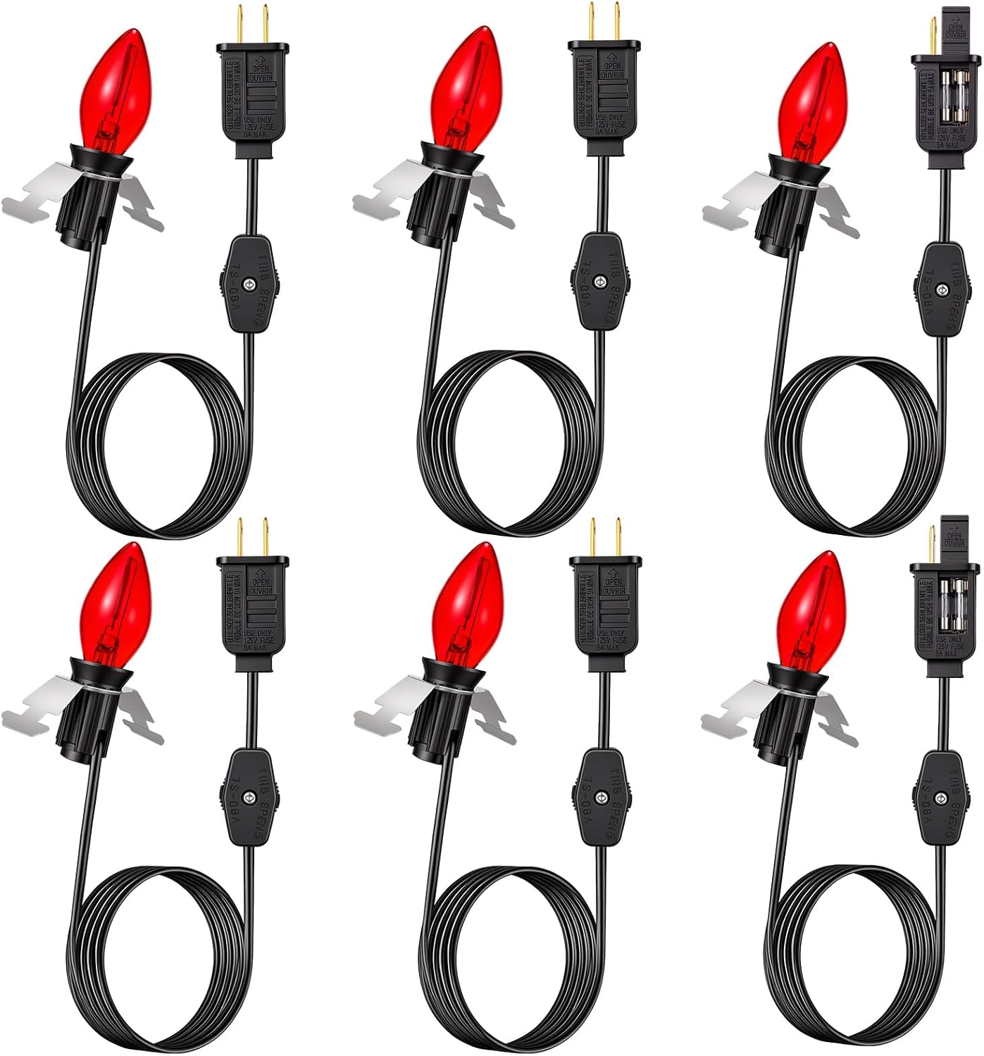 6 Pack 6FT Accessory Cord with C7 LED Bulb and On/Off Switch Plugs, Candelabra E12 Socket Black Light Cord for Halloween Pumpkin Lights, Christmas Village House, Holiday Decorations