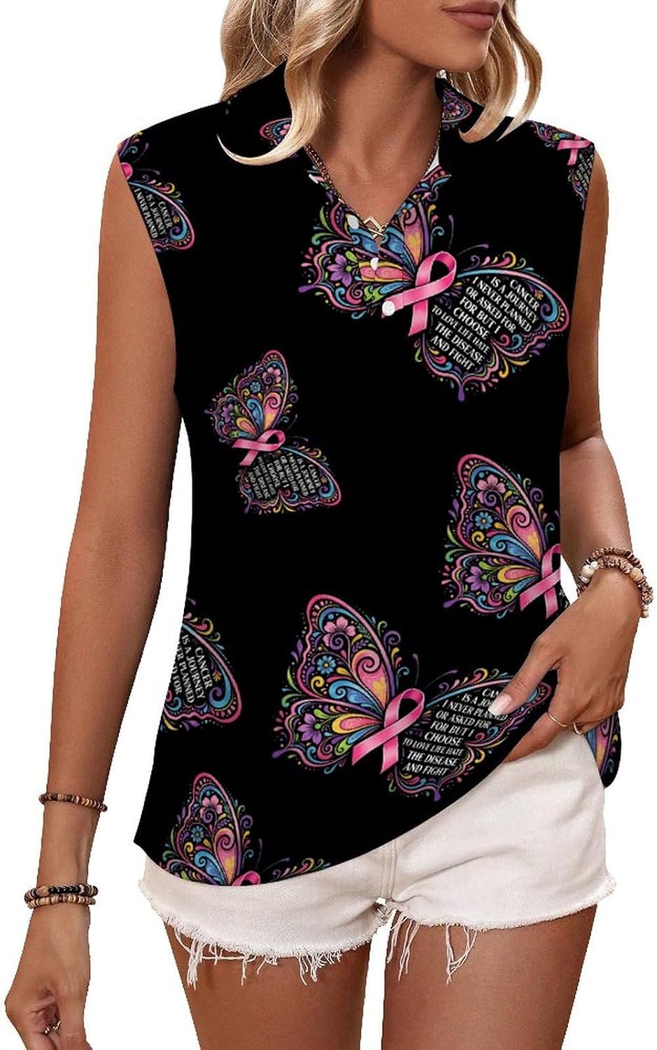 Breast Cancer Awareness Ribbon Butterfly Womens Sleeveless V Neck Golf Polo Shirts