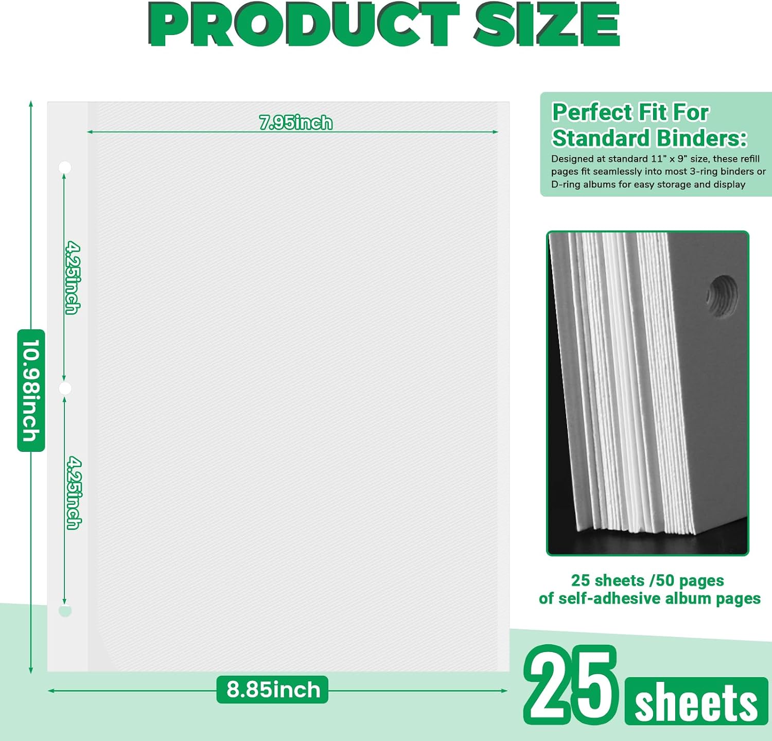 25 Sheets/50 Pages Photo Album Refill Pages for 3 Ring Binder, Acid Free & Waterproof Photo Album Self Adhesive Pages for 2x3 4x6 5x7 8x10 Photos, Stamps, Recipe Cards