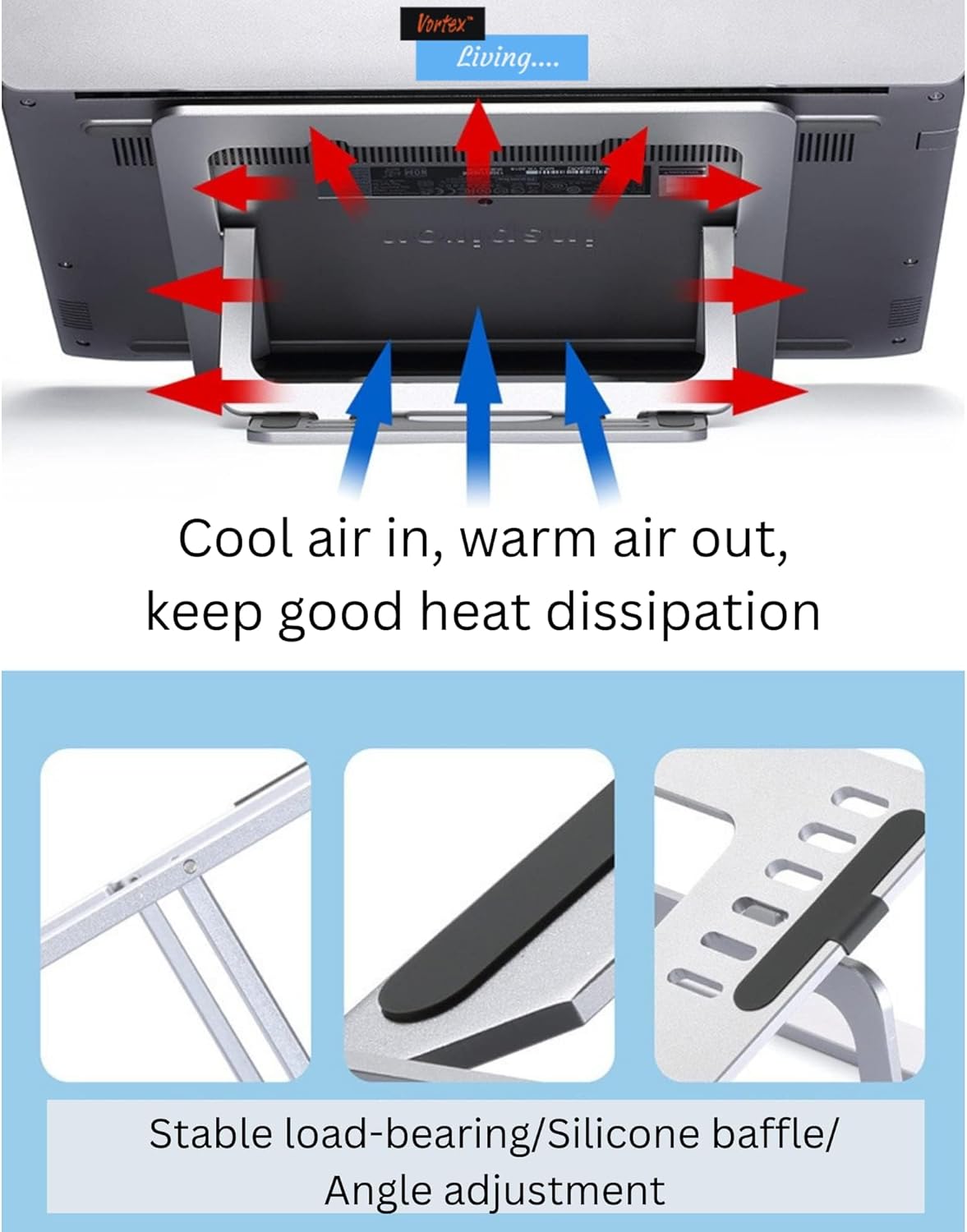 Vortex D24-3 Silver Cooling Ergonomic Laptop Tablet Stand Support Adjustable Height Multi-Angle Portable Foldable Aluminum Laptop Riser for MacBook Air/Pro and More Notebooks 10-17.3"