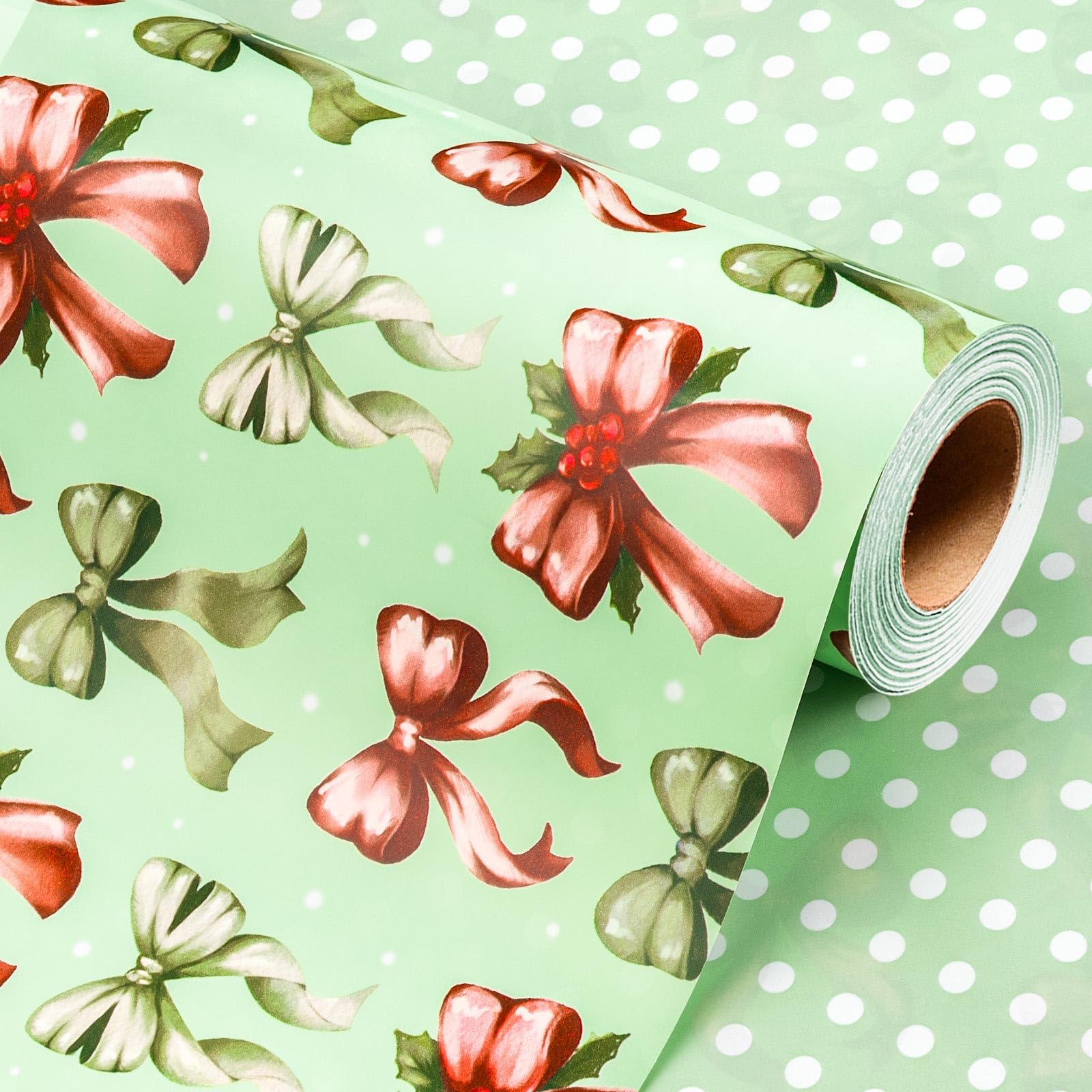 Wikadlik Christmas Wrapping Paper Roll - 43cm x 10m Green Red Bow Berry Merry Christmas Letterings Design Gift Wrap Paper — image 1
