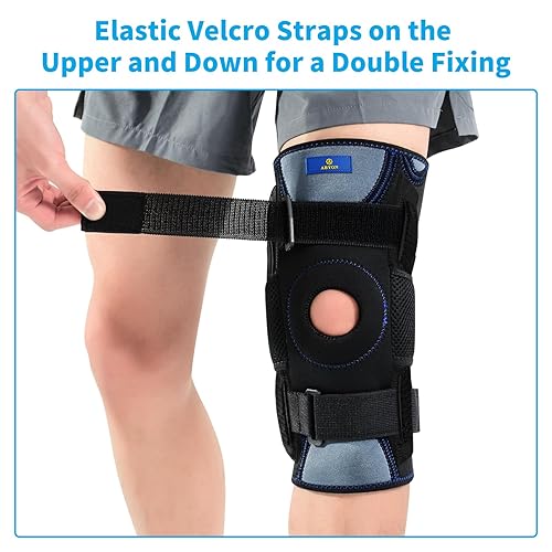 Miniatura 3 de ABYON Rodillera con bisagras de descompresión con correa ajustable para hombres y mujeres, rodilleras para desgarro de menisco, soporte de rodilla