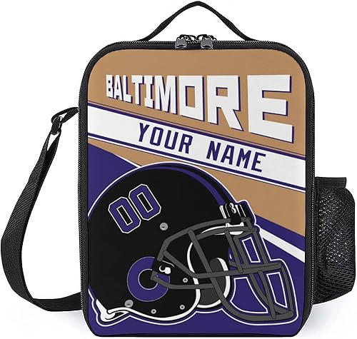 mdbozli Baltimore - Bolsas de almuerzo de fútbol portátiles personalizadas, correas de hombro ajustables y bolsillos laterales de malla, lonchera