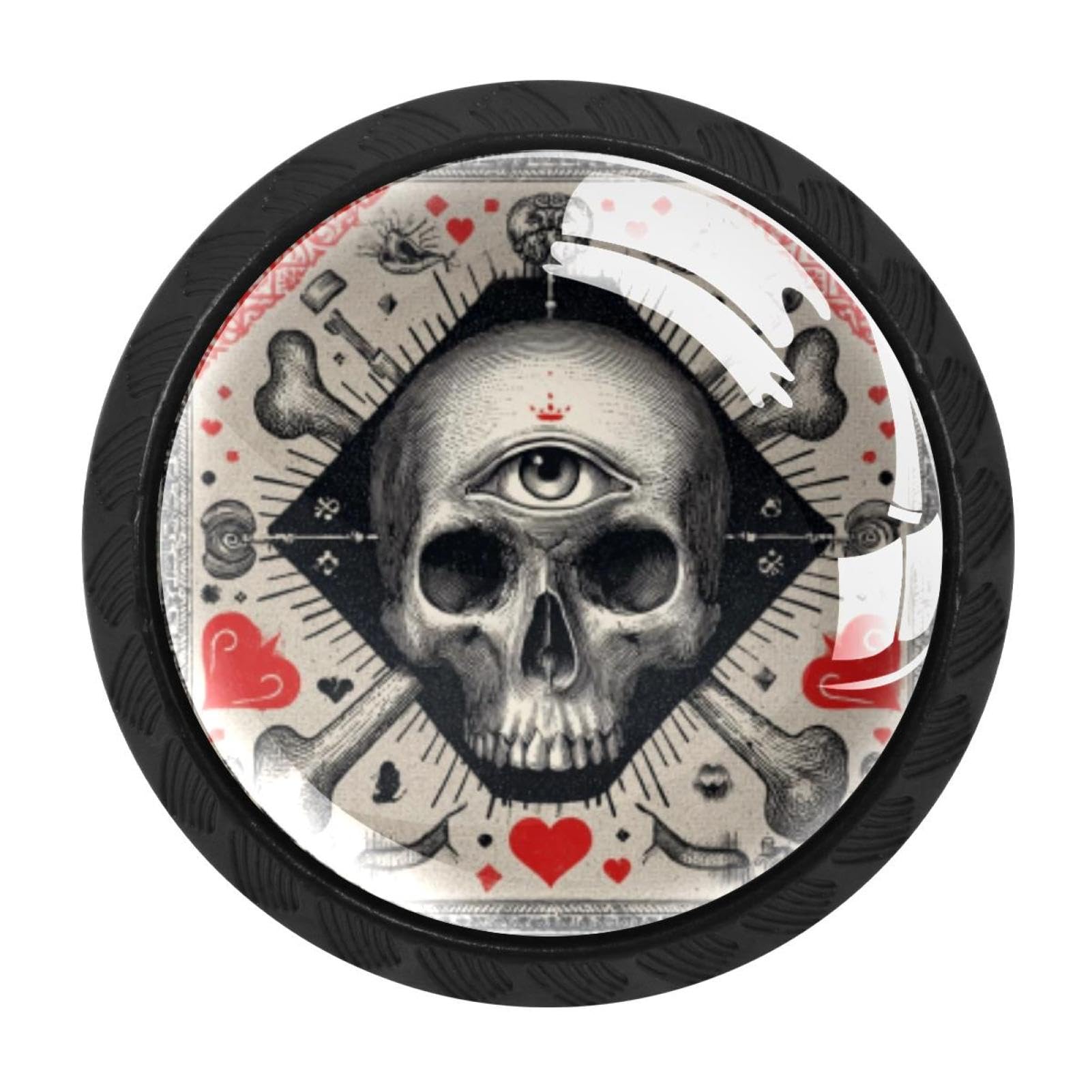 CHENZZZZ 4 Pack Black Heart Eye Skull and Bones (2) Drawer Knobs, Cabinet Knobs Round Glass Knobs for Kitchen Cabinet Hardware Bathroom 35MM