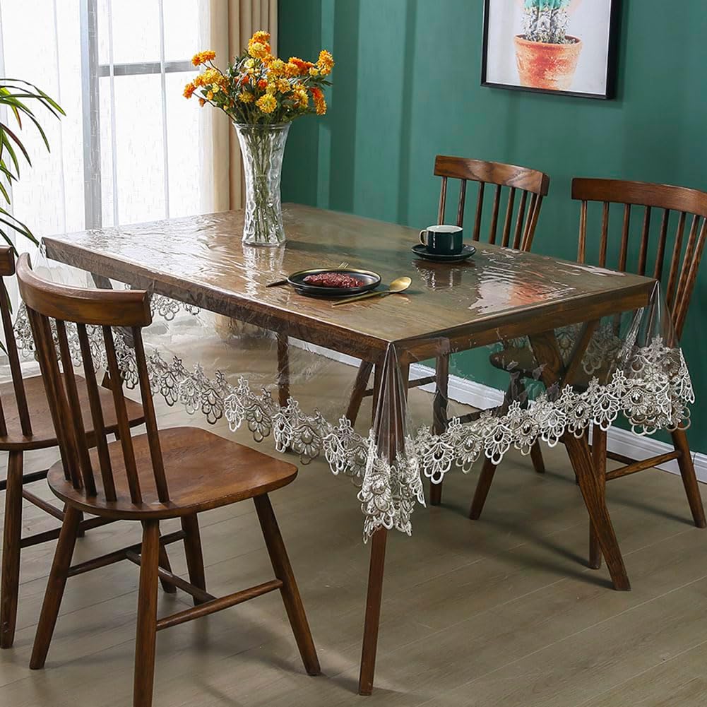 vctops Vintage Clear Plastic Waterproof Table Cover Protector, Boho Lace Macrame Vinyl PVC Rectangle Table Cloth, Oil Proof Wipe Clean Tablecloth for Wedding, Dining Tables, Party (Clear A,59"x86")